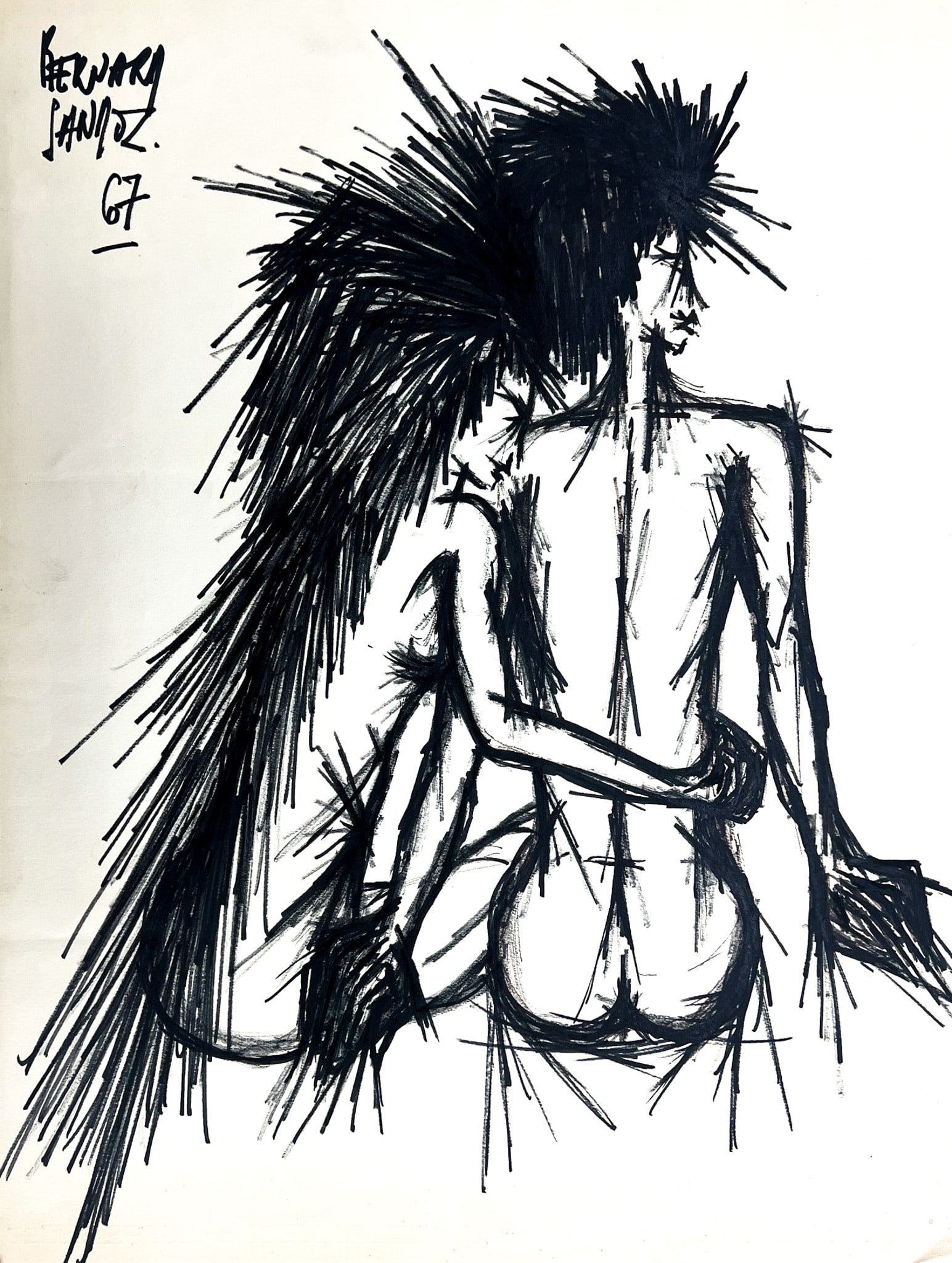 Bernard Sandoz "Porcupine Nude Couple" 1967 Ink on Paper: Bernard Sandoz (20th Cent. American) "Porcupine Nude Couple" 1967 Ink on Paper. 25.5"x20" loose. Signed upper left corner. Creases in corners and toning throughout.
