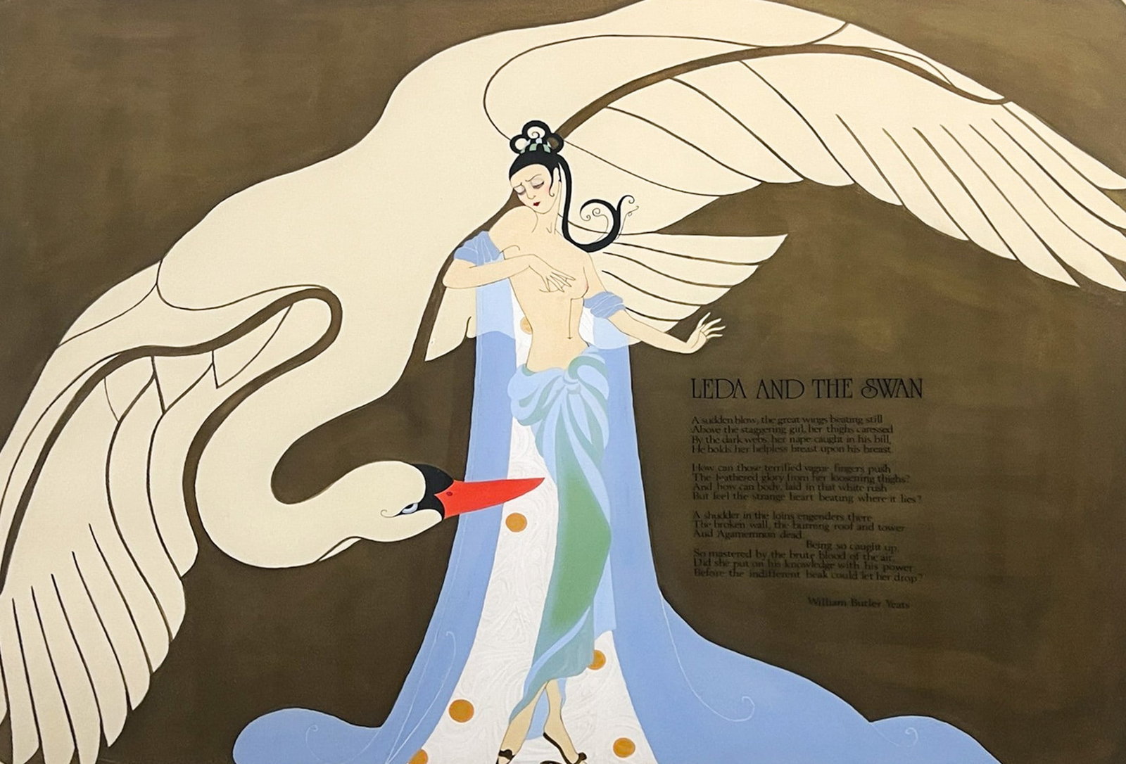 In the Manner of Erte "Leda and the Swan" Gouache on Paper: In the Manner of Erte "Leda and the Swan" Gouache on Paper with Poem by William Butler Yeats. 15"x20" image 19"x24" framed. Excellent condition