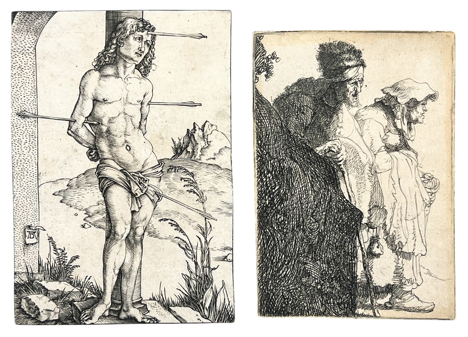 2pc Rembrandt van Rijn + Albrecht Durer Etchings: 2pc Rembrandt van Rijn (1606-1669 Danish) + Albrecht Durer (1471-1528 German) Etchings. Rembrandt's "Beggar Man and Woman Behind a Bank" + Durer's "Saint Sebastian Bound to the Column". 4.25"x3"