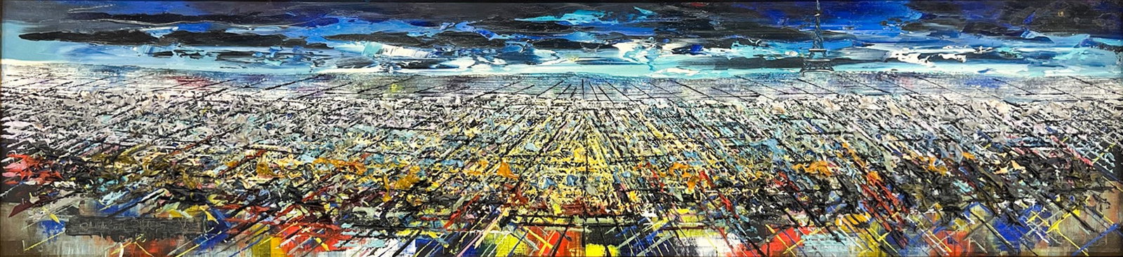 Rae Menill "Paris" Oil on Canvas: Rae Menill (20th cent.) "Paris" Oil on Canvas. 9"x32.5" framed. Signed lower left. Excellent condition.
