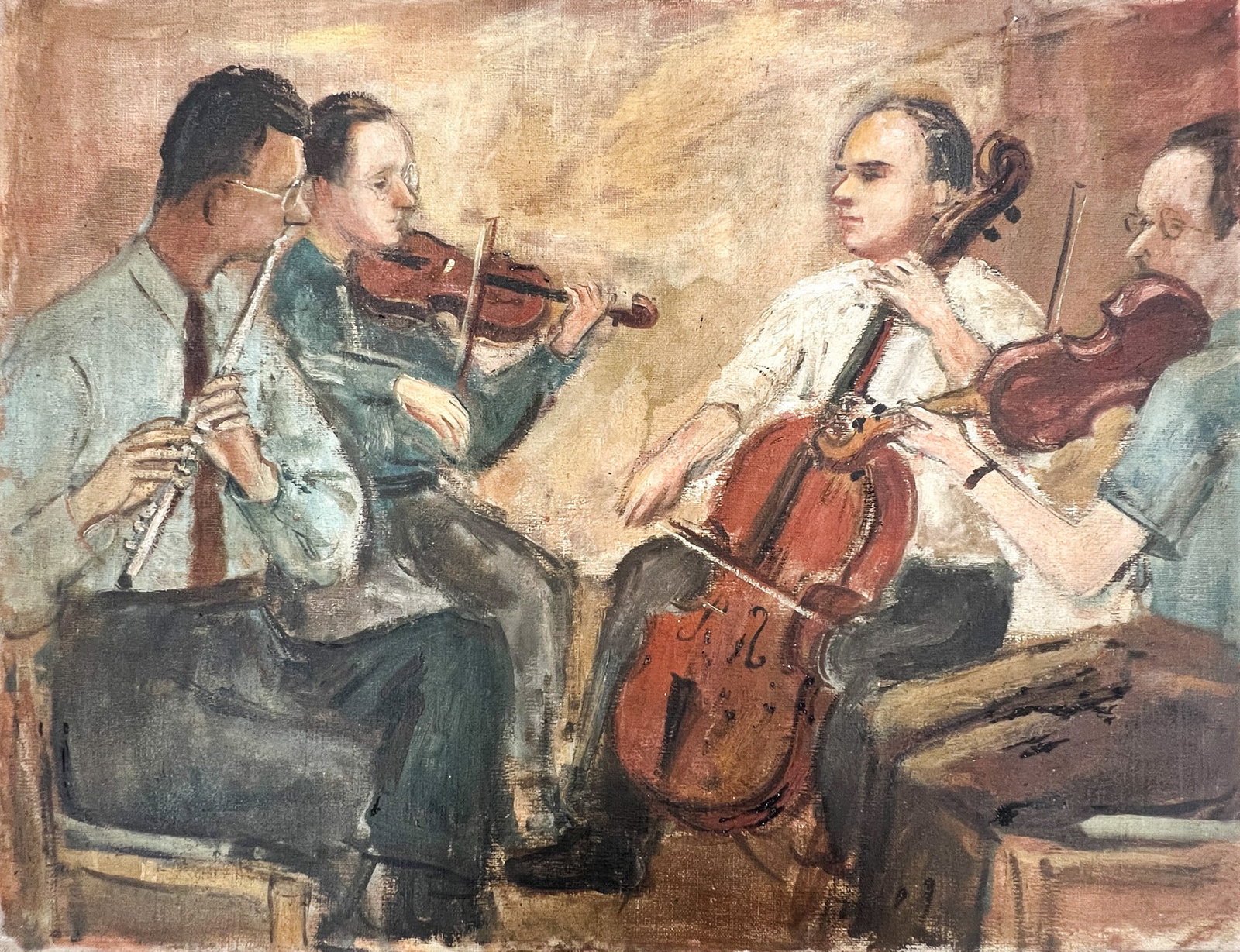 Lisel Salzer "Practice" Oil on Canvas: Lisel Salzer (1906-2005 Washington) "Practice" Oil on Canvas. 20"x28" unframed stretched canvas. Some foxing.