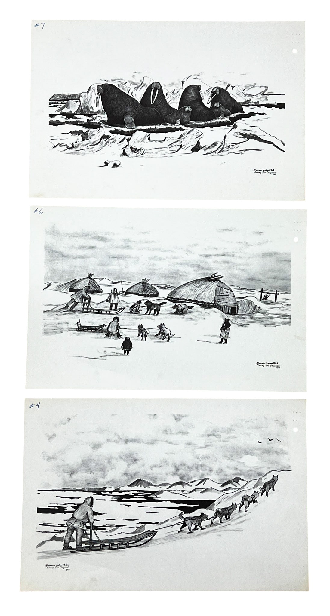 3pc Florence Nupok Malewotkuk Lithographs: 3pc Florence Nupok Malewotkuk (1906-1971 Alaska) Lithographs 10.5"x16" Sheet Each. Plate signed lower right each. Notes, holes and punctures along margins.