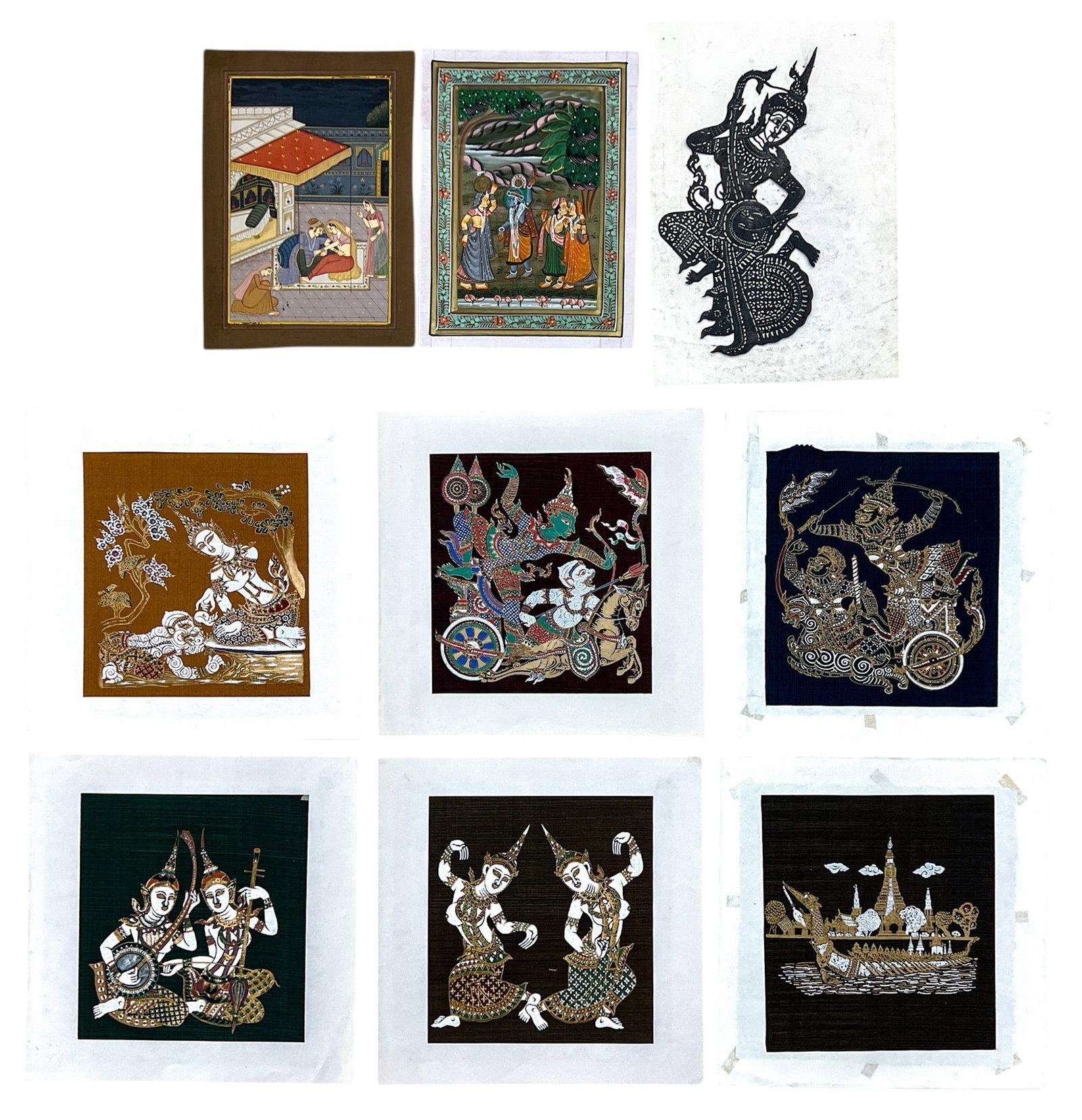 9pc Thai Screen Prints etc.: 9pc Thai Screen Prints etc. 14"x14" Sheet Largest. Loose, unframed. Condition varies.