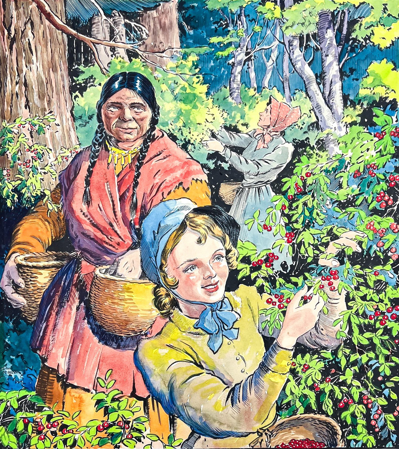 Parker McAllister "Huckleberry Picking" 1956 Watercolor on Board: Parker McAllister (1903-1970 Washington) "Huckleberry Picking" 1956 Watercolor on Board 18"x16" Image 24"x20" Board. Signed lower left. Excellent condition.