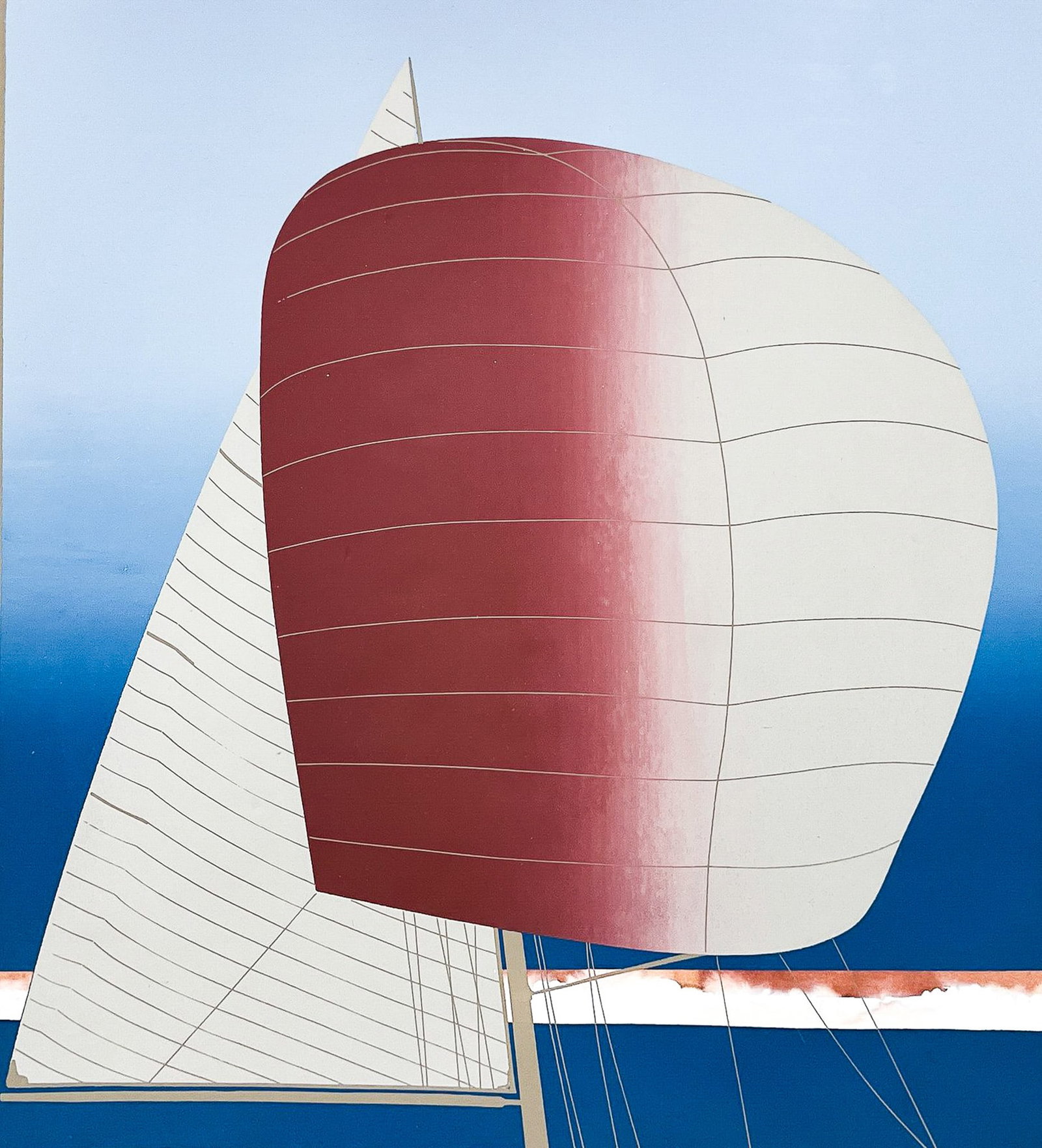 Artist Unknown "Spinnaker" Serigraph: Artist Unknown "Spinnaker" Serigraph 23"x20" Image 33.5"x31" Framed. Illegibly pencil signed lower right and numbered 14 of 60. Excellent condition, not examined outside of framing.