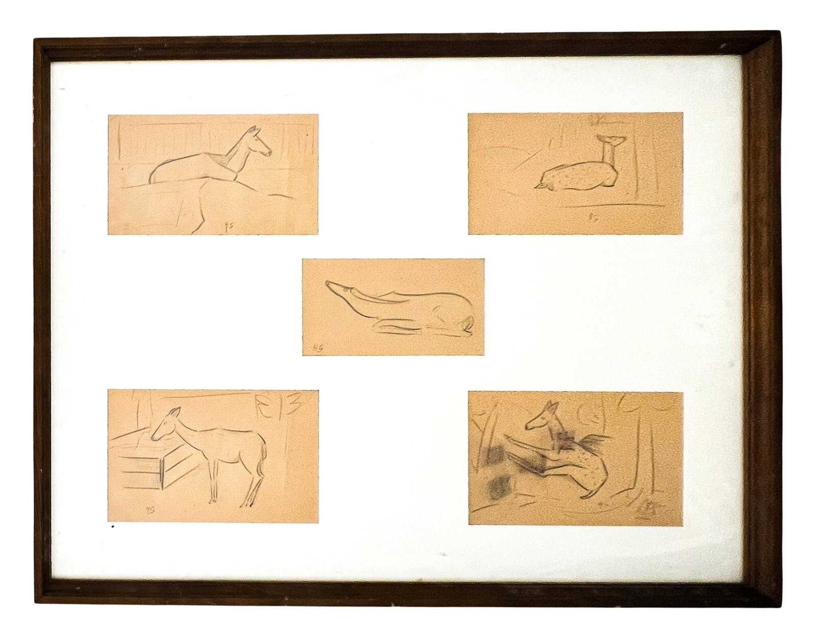 Howard Sewall "Deer" Graphite on Paper Pentaptych: Howard Sewall (1899-1975 Oregon) "Deer" Graphite on Paper Pentaptych 23"x29.5" Framed. Initialed. Excellent condition, not examined outside of framing.