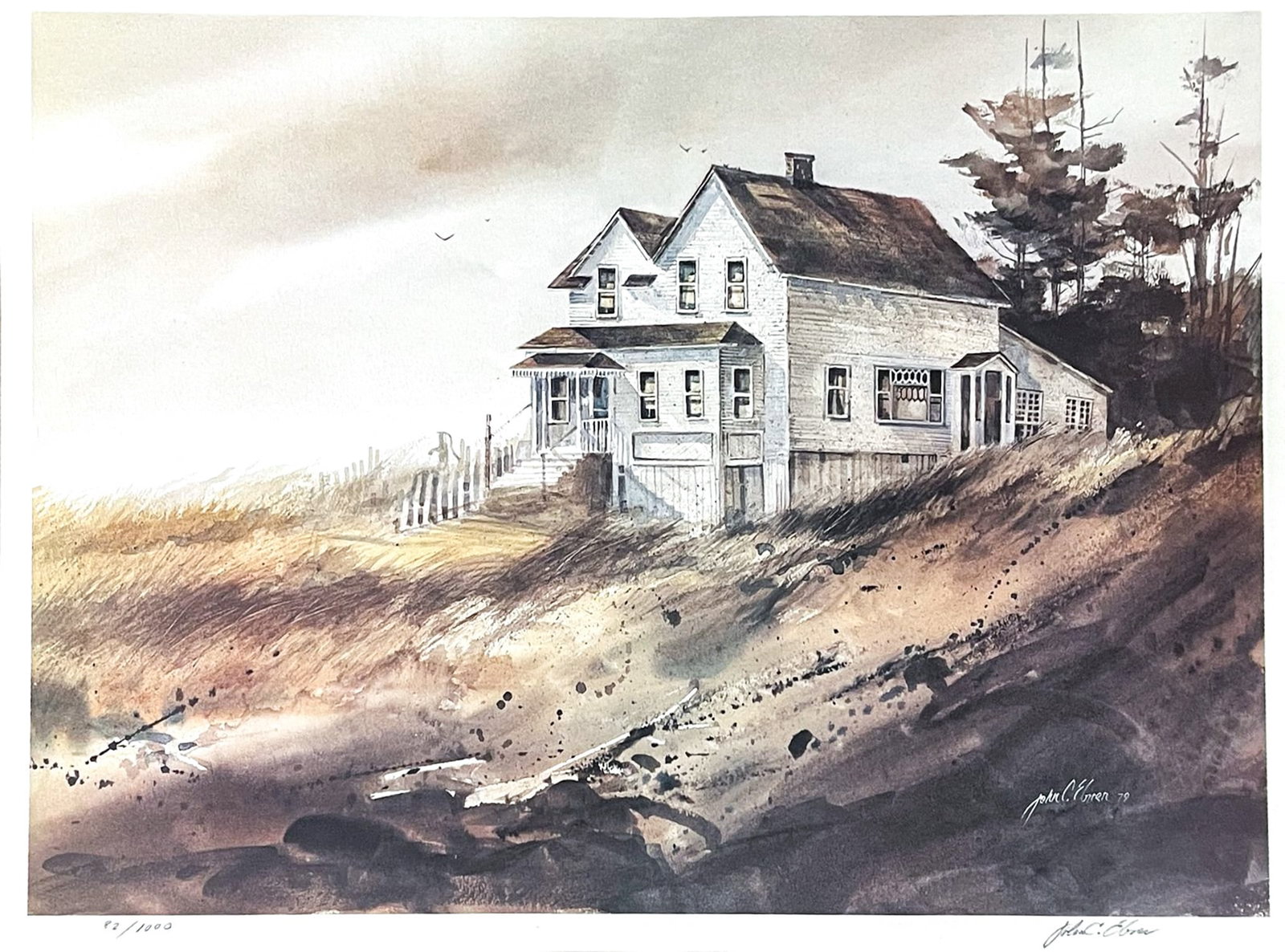 John Ebner "The French House" 1979 Lithograph: John Ebner (b. 1943 Washington) "The French House" 1979 Lithograph 23"x17" Image 34"x28" Framed. Pencil signed lower right and numbered 82 of 1000. Excellent condition, not examined outside of