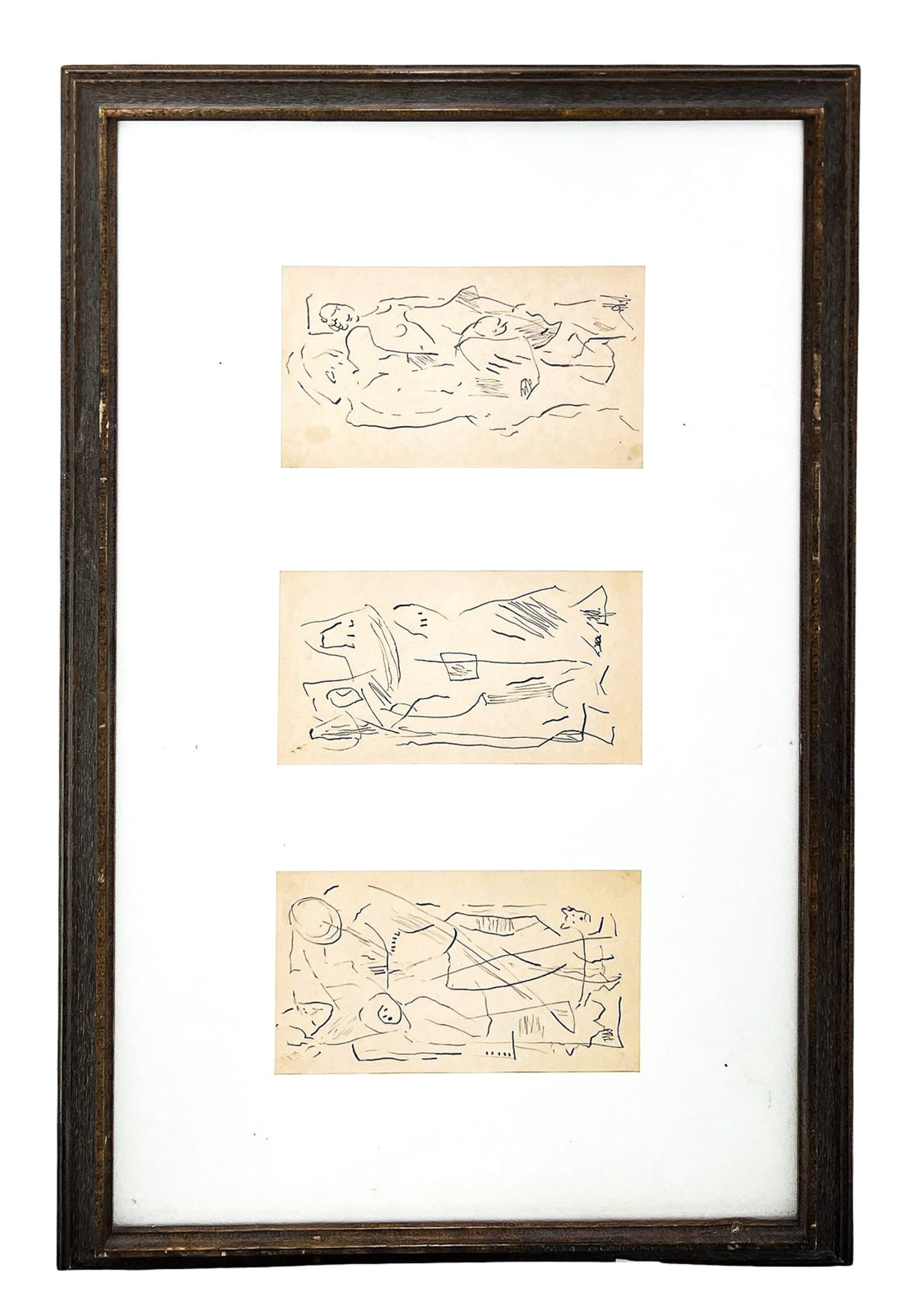Howard Sewall "People in the City" Ink on Paper Triptych: Howard Sewall (1899-1975 Oregon) "People in the City" Ink on Paper Triptych 19"x31" Framed. Initialed lower right. Excellent condition, not examined outside of framing.