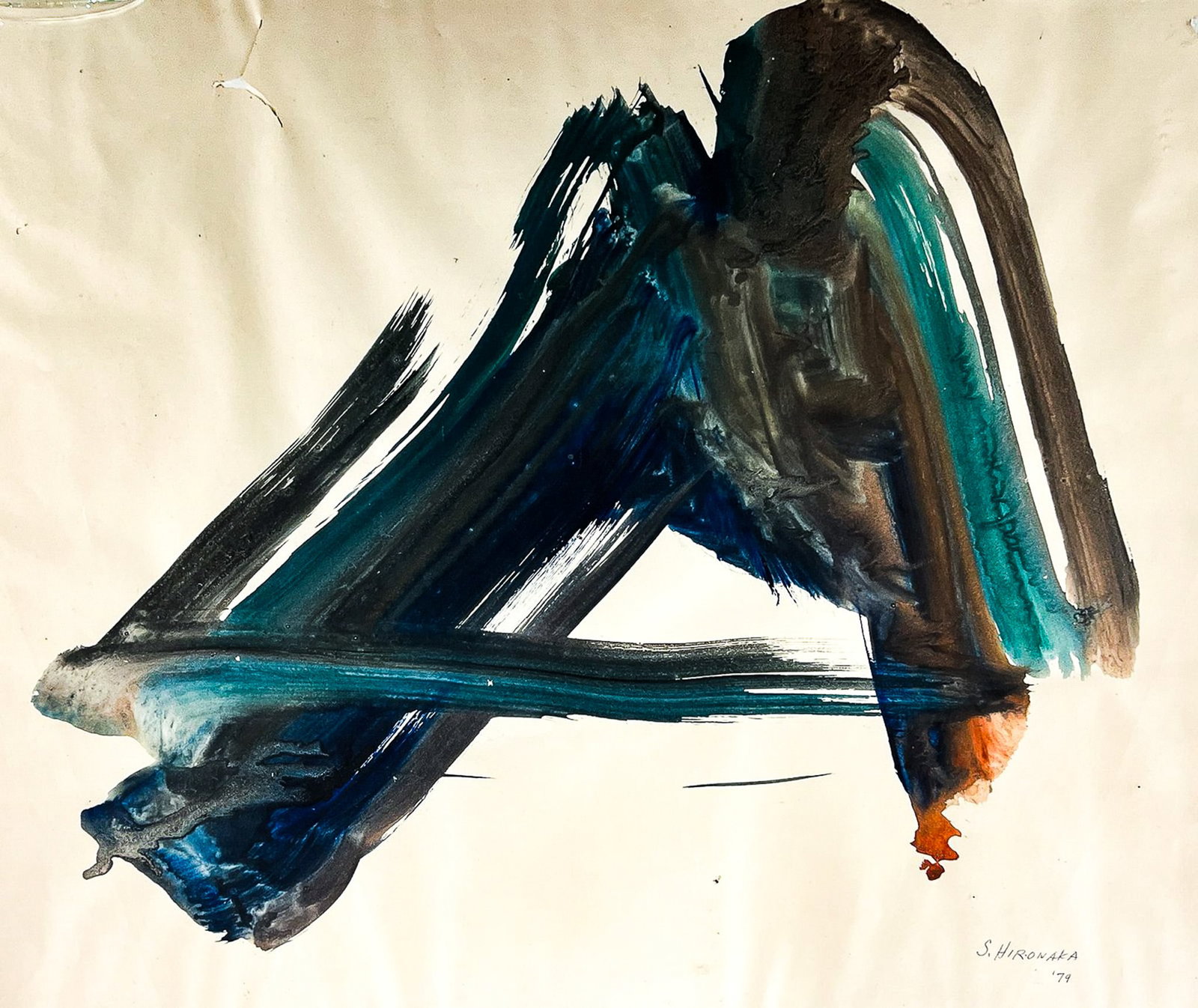 Suanao Hironaka 1979 Abstract Watercolor on Paper: Suanao Hironaka (1903-1990 Hawaii) 1979 Abstract Watercolor on Paper 19''x24'' Framed. Signed lower right. Hole in paper upper left, crack to glass upper left.