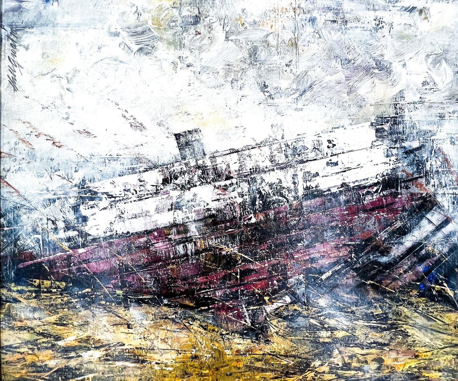 Hall Groat Sr. "Sinking Ship" 1970 Oil on Board: Hall Groat Sr. (b. 1932 New York) "Sinking Ship" 1970 Oil on Board 19"x24" Image 26"x30" Framed. Signed upper left. Painting in excellent condition, water damage to mat, not examined outside of