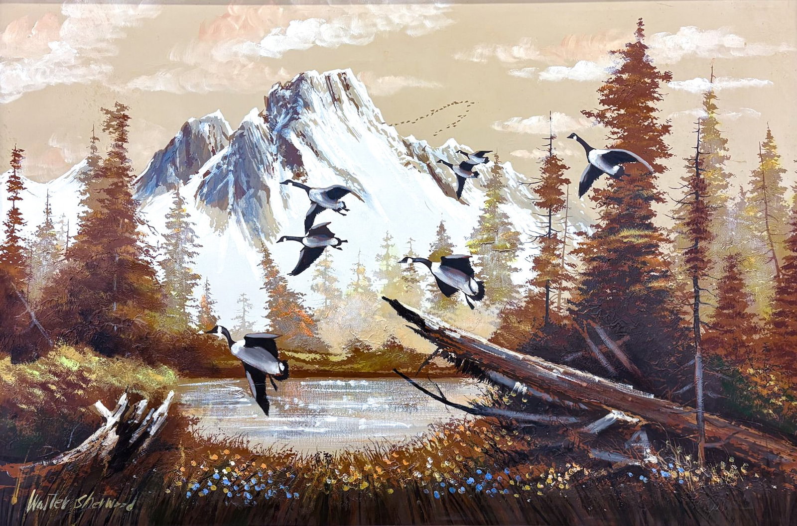 Walter Sherwood "Canadian Geese in Flight" Oil on Canvas: Walter Sherwood (20th Cent. American) "Canadian Geese in Flight" Oil on Canvas 41"x60" Framed. Signed lower left. Foxing along top.