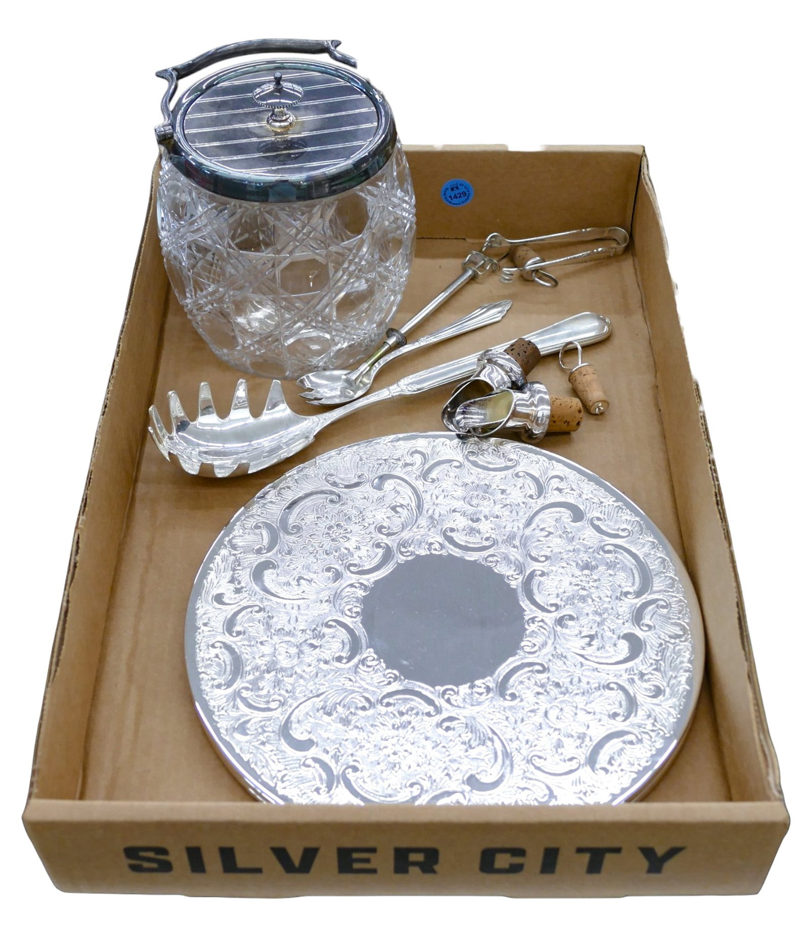 Box Antique Cut Glass Biscuit Jar and Silverplated Items (1 of 1)