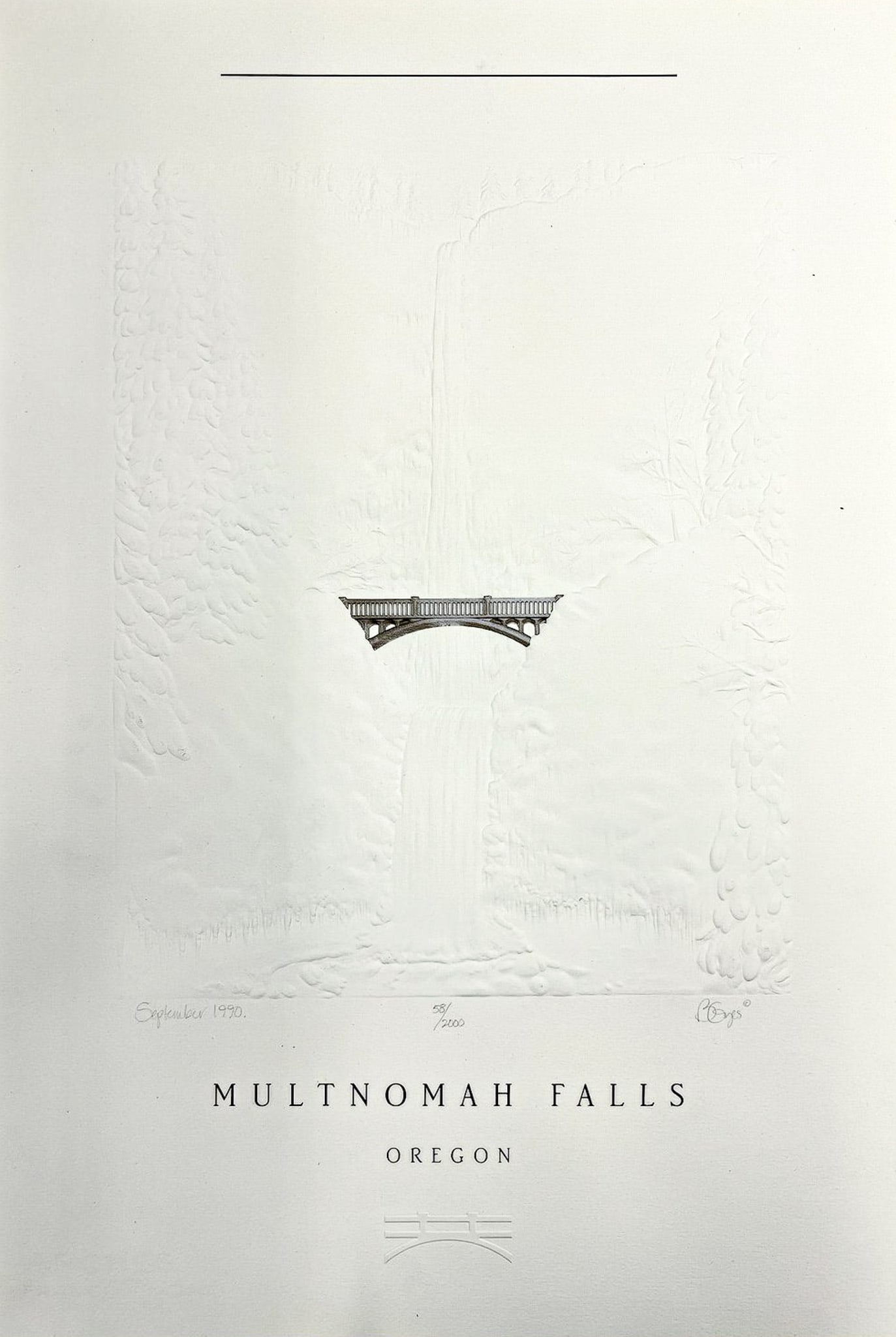 Becky Gyes ''Multnomah Falls, Oregon'' 1990 Embossed Print: Becky Gyes (20th Cent. Oregon) ''Multnomah Falls, Oregon'' 1990 Embossed Print 21.75''x14.75'' Sheet. Pencil signed and numbered 58 of 2000. Produced to commemorate the 75th Anniversary of the