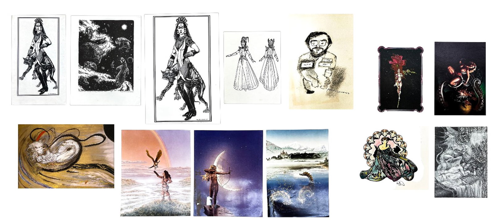 13pc Fantasy Lithographs, etc.: 13pc Fantasy Lithographs, etc. Includes Rena Bassilvergoran, Yoshitaka Amano, Richard Powers, Judy King Rieniets, Alicia Austin Satyr, Lela Dowling Eric Lad & Rowena Morrill. 16"x20" largest loose. So
