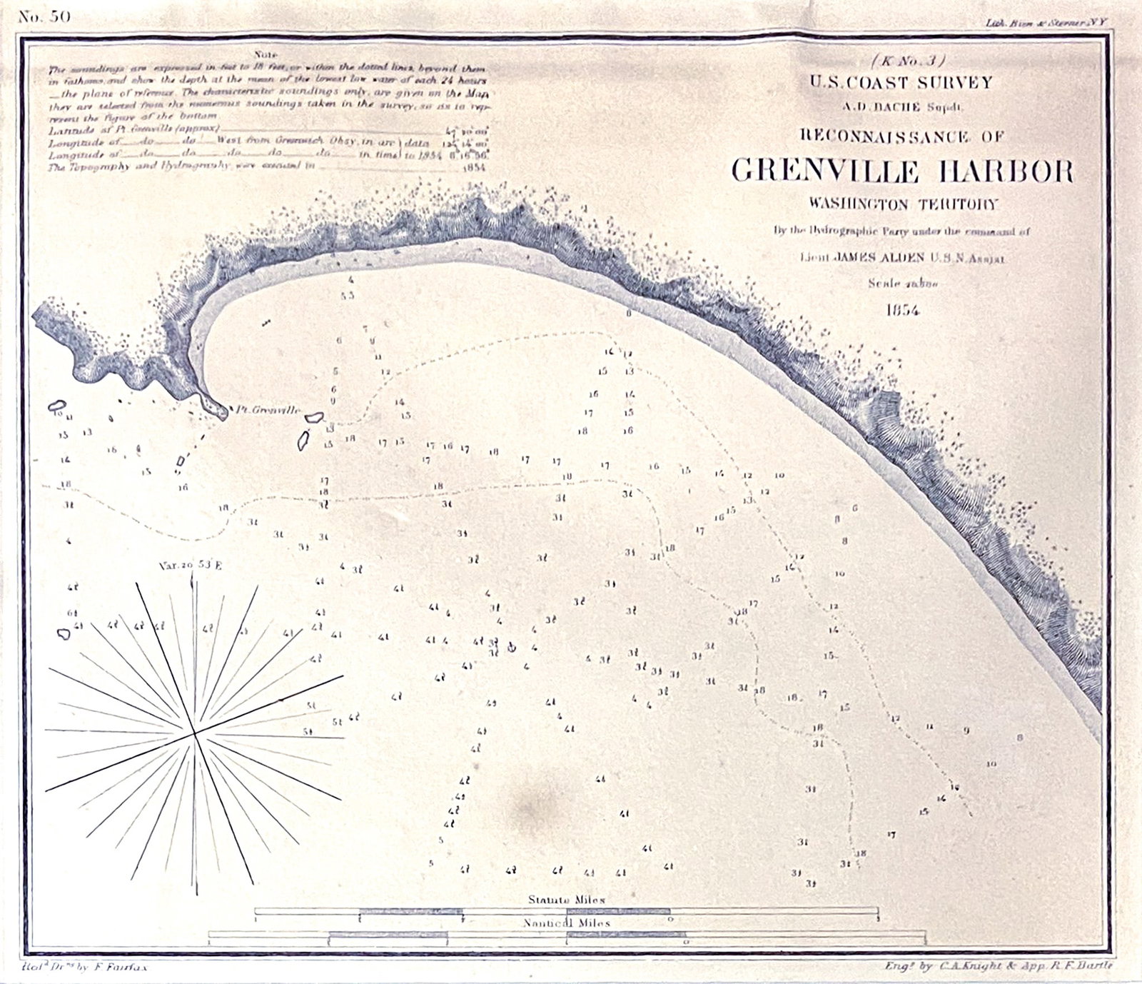 Antique "Grenville Harbor, Washington Territory" 1854 Map Etching: Antique "Grenville Harbor, Washington Territory" 1854 Map Etching 7.5"x8.5" Image 12"x13" Framed. Overall excellent condition, small crease to upper edge, not examined outside of framing.