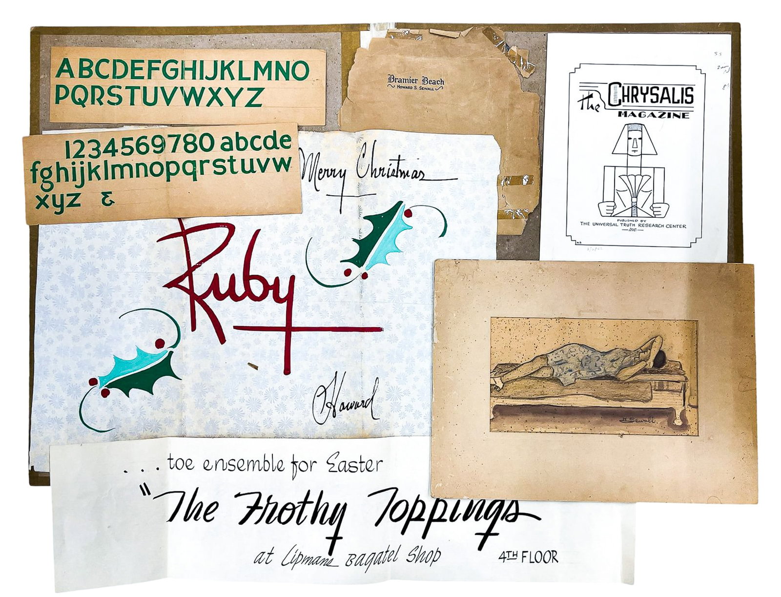 8pc Howard Sewall Assorted Prints & Ephemera: 8pc Howard Sewall (1899-1975 Oregon) Assorted Prints & Ephemera 24"x18" Portfolio. Loose, unframed. Includes watercolor on paper with heavy foxing & empty Howard Sewall "17 Paintings" portfolio case. 