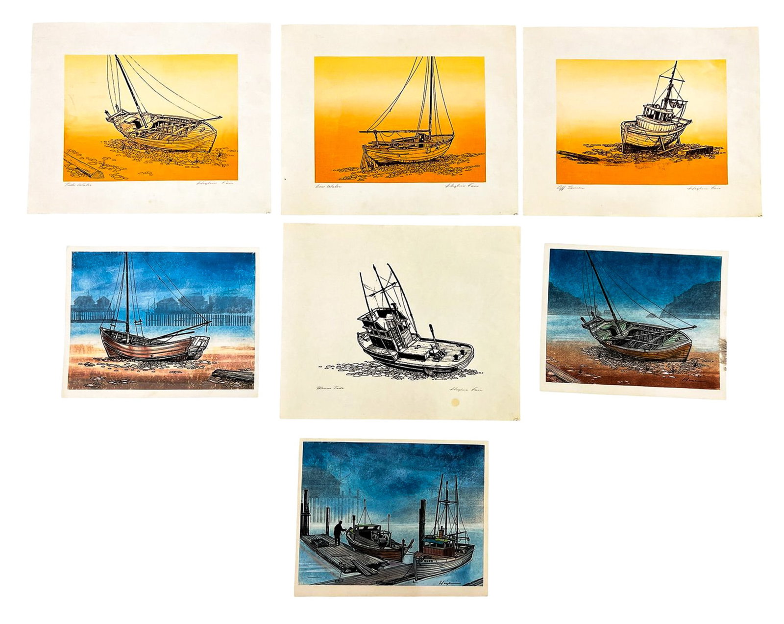 7pc Artist Unknown Beached Boats etc. Lithographs (1 of 1)
