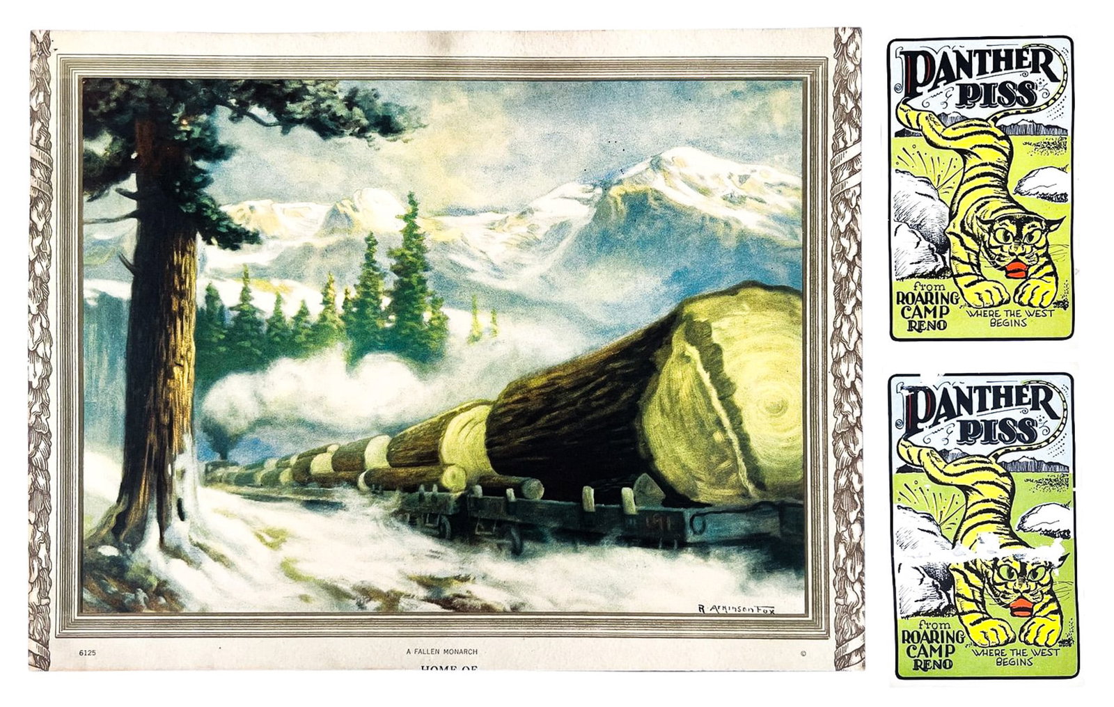3pc "Panther Piss" Advertisements & Logging Train Lithograph (1 of 1)