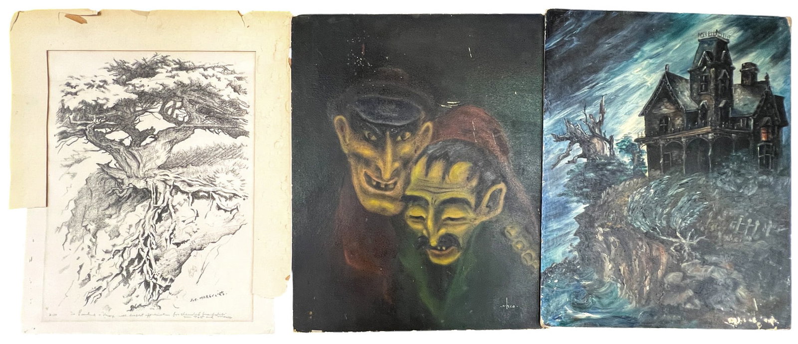 3pc Unknown Artists Oil on Canvas, etc.: 3pc Unknown Artists Oil on Canvas, etc. 20"x16" largest. Paint loss, scratches, toning.