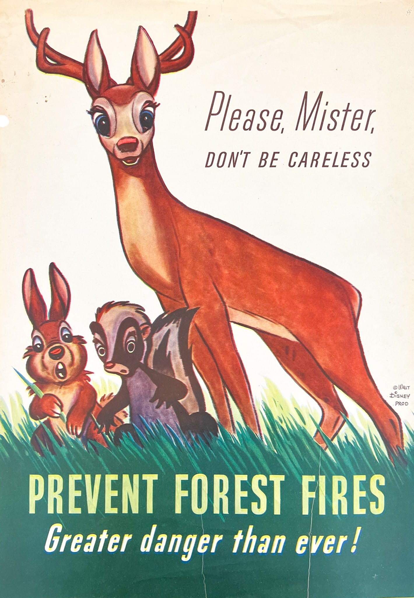 Rare 1943 "Please, Mister, Don't Be Careless" Fire Prevention Lithograph: Rare 1943 "Please, Mister, Don't Be Careless" Fire Prevention Lithograph. 20"x14" Loose Sheet. Features Disney's Bambi, Thumper and Flower. This is the precursor to Smokey Bear. Tears and hole punch