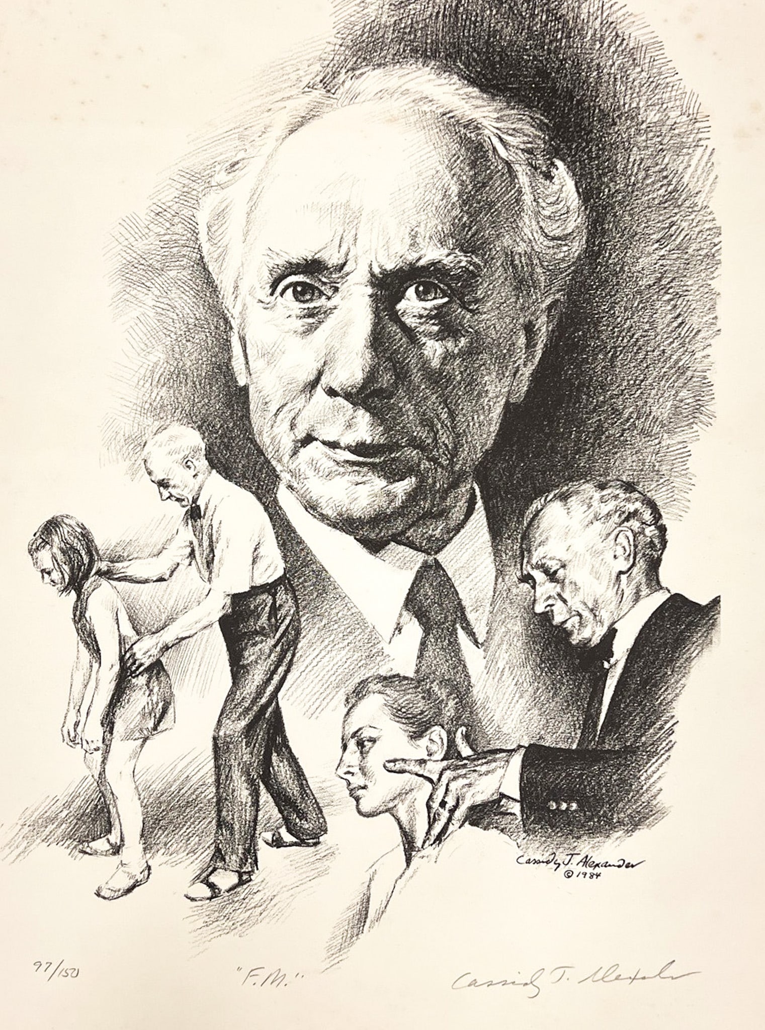 Cassidy Alexander "F.M" Lithograph.: Cassidy Alexander (20th Cent. American) "F.M" Lithograph. 24"x18" Sheet Loose. Signed lower right. Numbered 77/150. Minor toning, foxing and waviness to paper.