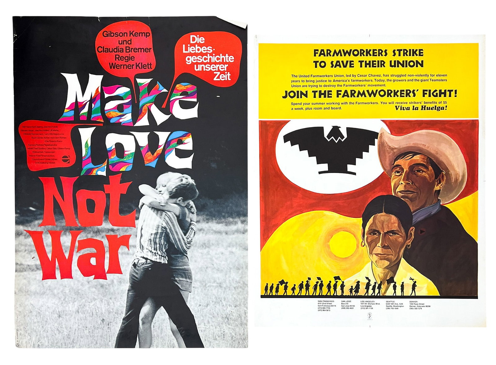 2pc 1968 German "Make Love Not War" & 1971 "Farmworkers Strike to Save Their Union" Posters (1 of 1)