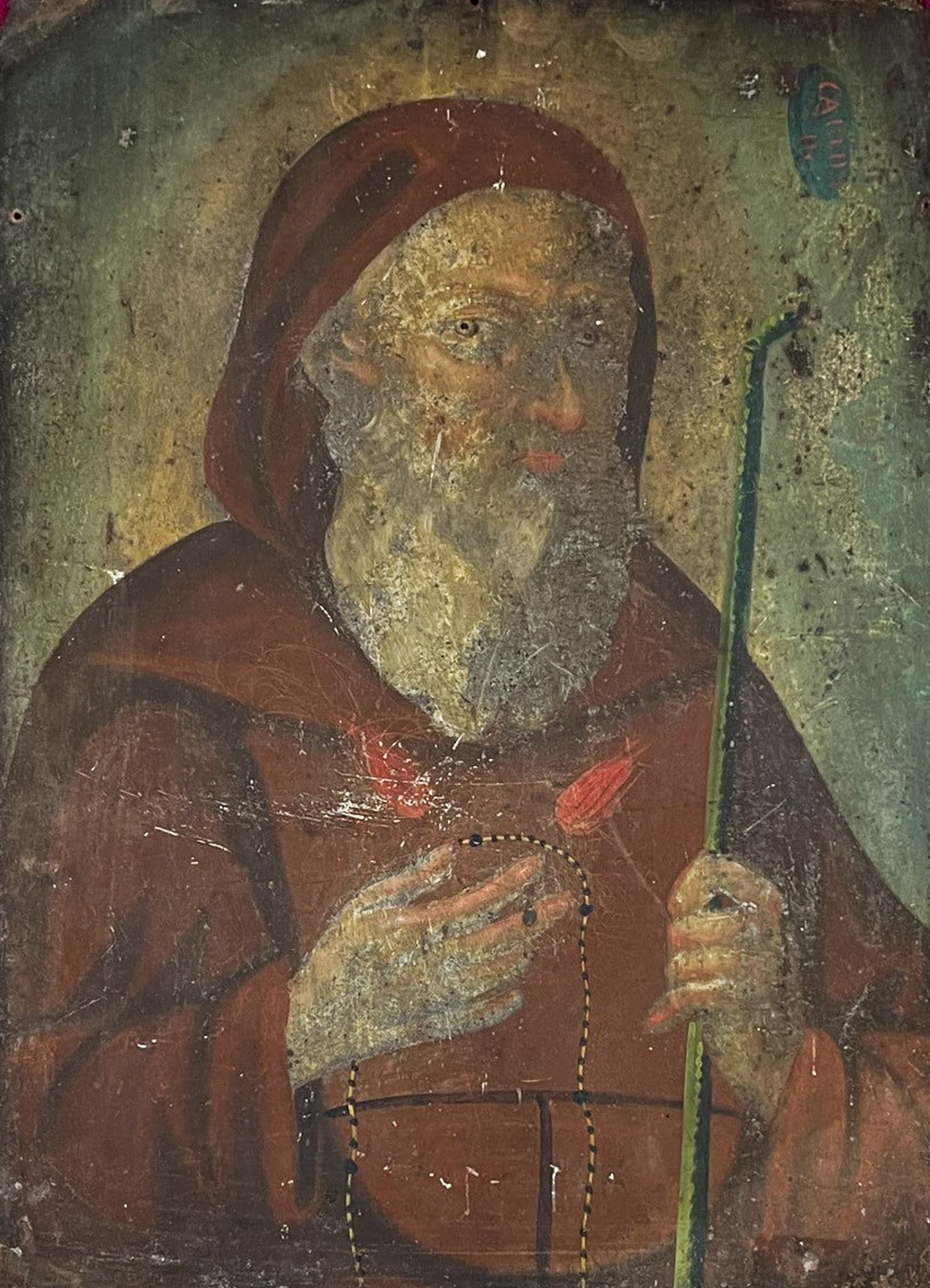 19th Century "Saint Francis of Paola" Mexican Oil on Tin: 19th Century "Saint Francis of Paola" Mexican Oil on Tin. 14"x10" image 20"x19" Framed. Scratches throughout and minor paint loss