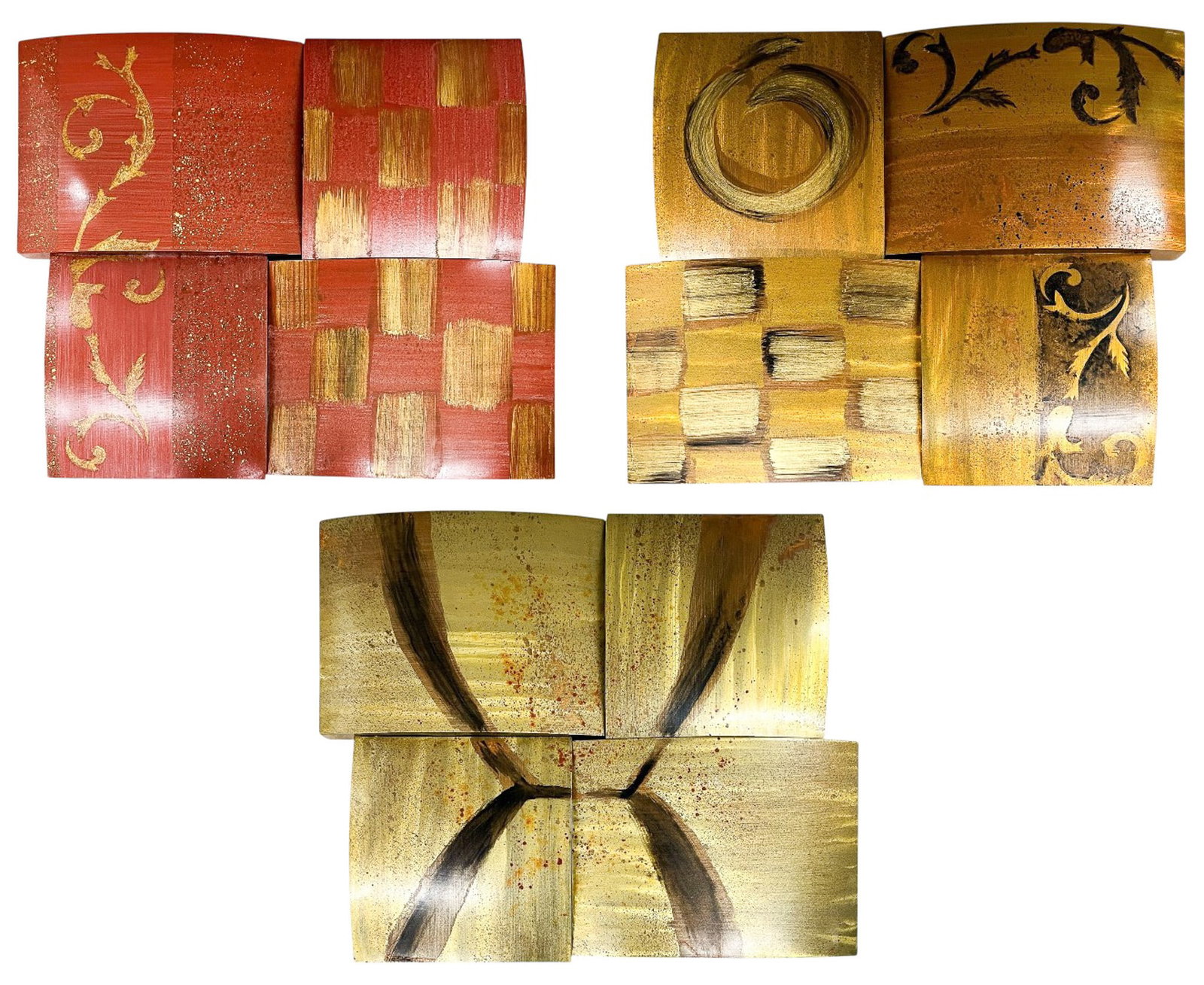 3pc Dennis Carney "Siren Series" Mixed Media on Curved Metal: 3pc Dennis Carney (1960-2021 New Mexico) "Siren Series" Mixed Media on Curved Metal 31"x37" each. Signed on side. Excellent condition.