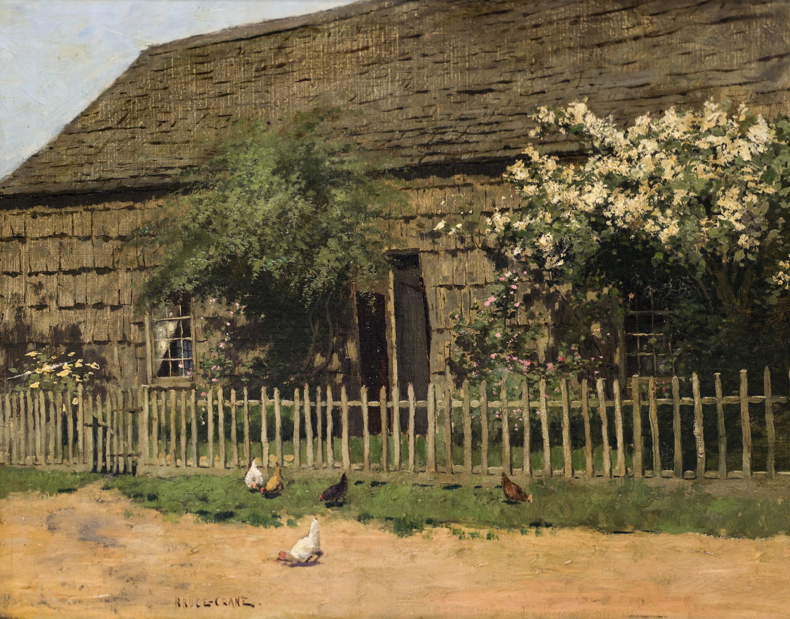Bruce Crane "An Old-Fashioned House" Oil on Canvas: Bruce Crane (1857-1937 New York) "An Old-Fashioned House" Oil on Canvas 15"x18.5" Image. Signed lower left with original title label on verso. Gilt gallery framing 18.5"x21.5". Professionally cleaned.