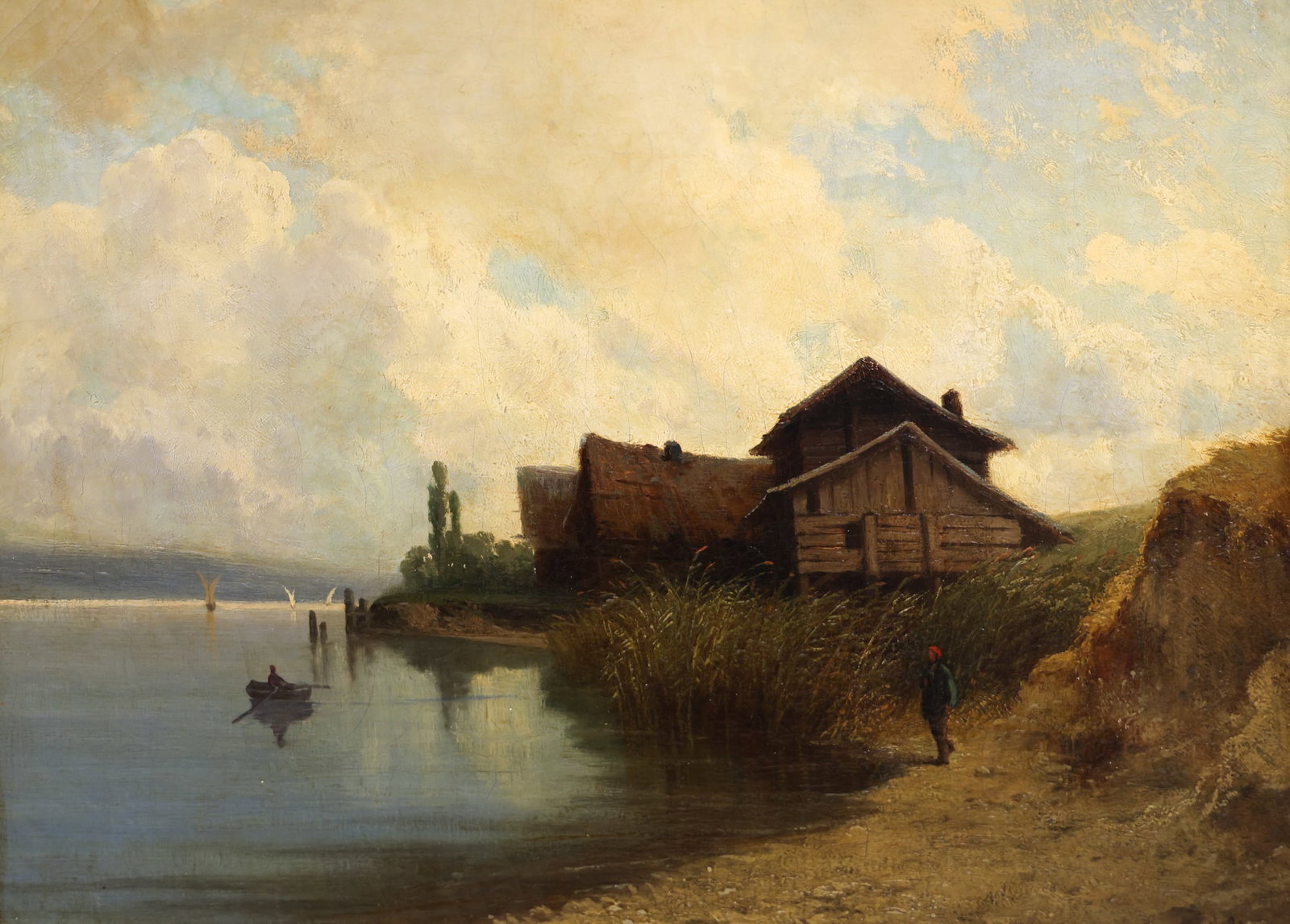 Federico Ashton "Untitled" (Lakeside View) 1871 Oil on Canvas: Federico Ashton (1840-1904 Italian) "Untitled" (Lakeside View) 1871 Oil on Canvas 13.75"x17.75" Image. Signed and dated l.r. Gilt gallery framing 17"x21". Professionally cleaned. Scattered stable craq