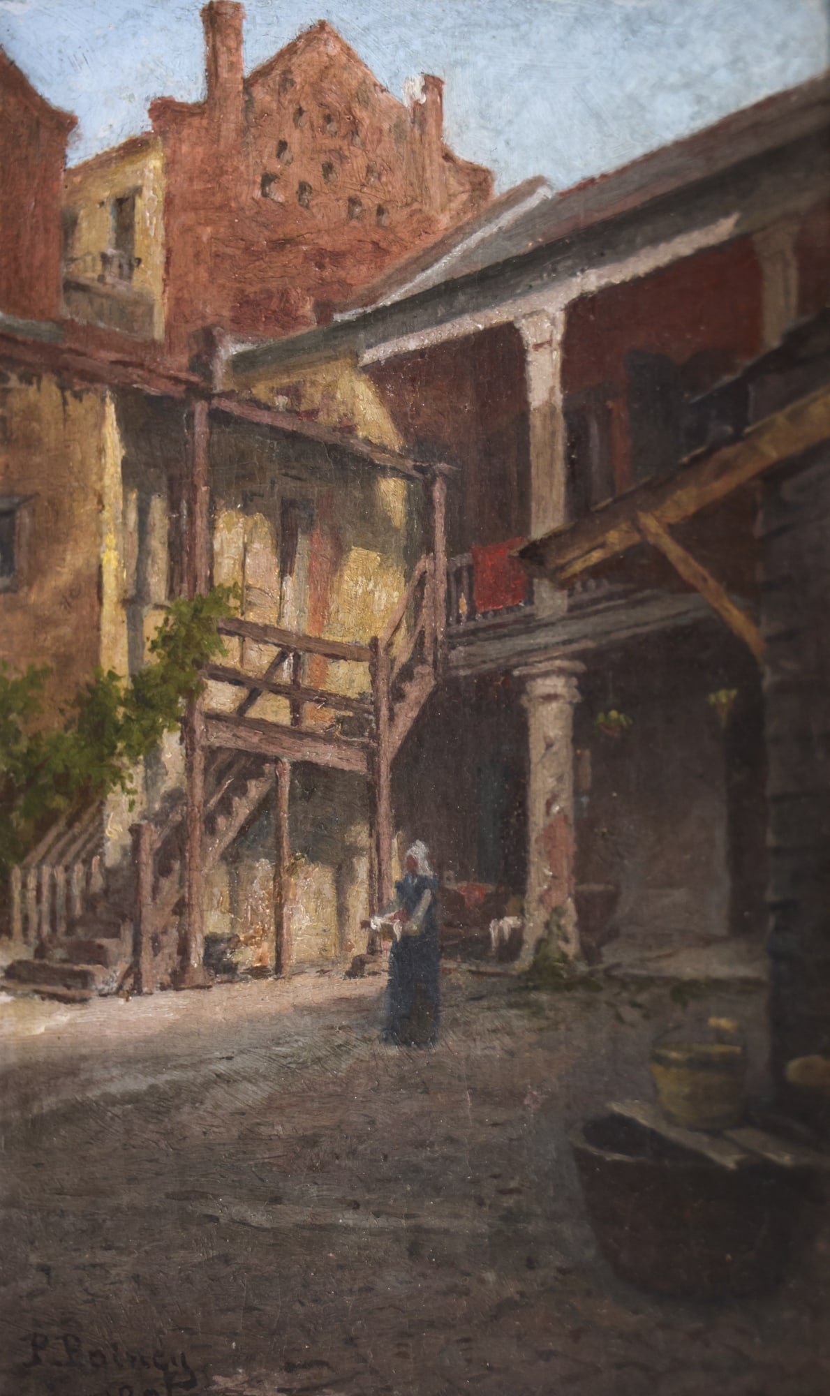 P. Polney "Courtyard Scene" 1896 Oil on Canvas: P. Polney (19th Cent. European) "Courtyard Scene" 1896 Oil on Canvas 9"x6" Image. Signed and dated lower left. Original gilt framing 12.5"x9.5". Professionally cleaned with some minor in-painting alon
