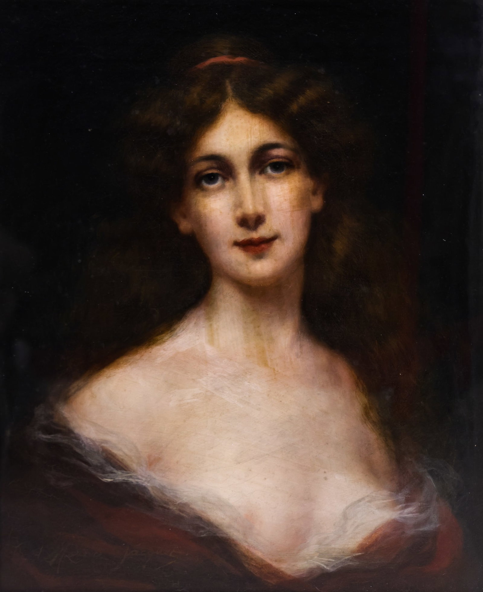 Maurice Jacquet "Untitled" (Beauty in Red) Oil on Canvas: Maurice Jacquet (b.1877 French) "Untitled" (Beauty in Red) Oil on Canvas 24"x20" Image. Signed lower left. Ornate gilt period framing 36"x32". Professionally cleaned. One small puncture near the upper