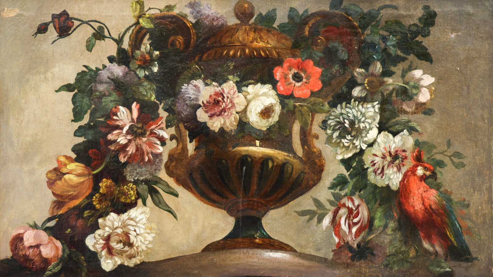Dutch School 18th Cent. Floral Still Life with Parrot Oil on Canvas: Dutch School 18th Cent. Floral Still Life with Parrot Oil on Canvas 22.5"x38.5" Image. Unsigned composition of classical urn with blossoming flowers, parrot and butterfly. Ornate gilt gallery framing 
