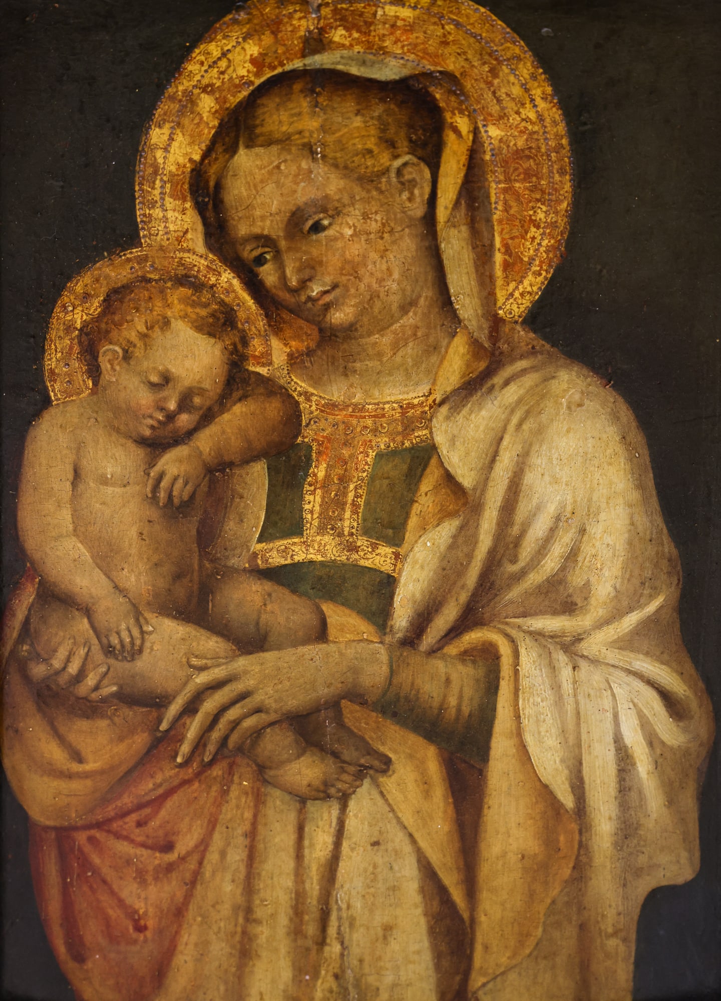 Italian School 15th Cent. Madonna and Child Oil on Panel: Italian School 15th Cent. Madonna and Child Oil on Panel 21"x14.5" Image. Byzantine period composition with gold halos. Gilt gallery framing 26.5"x20". Professionally cleaned and restored with old cra