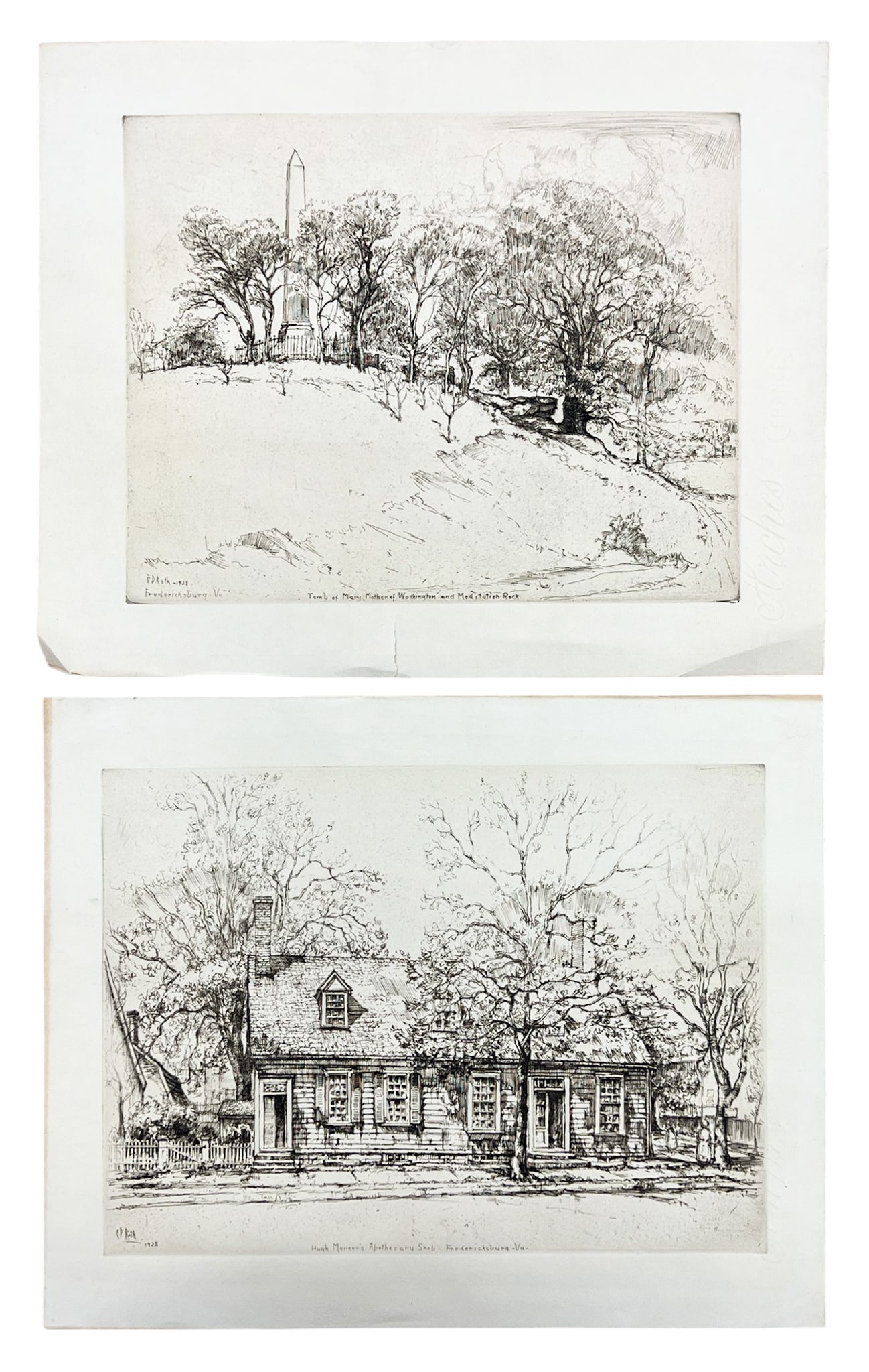 2pc Ernest David Roth "Fredericksburg, VA" 1928 Etchings: 2pc Ernest David Roth (1879-1964 American) "Fredericksburg, VA" 1928 Etchings 9.75"x13" Impression 12.75"x15.75" Sheet Each. Condition varies.