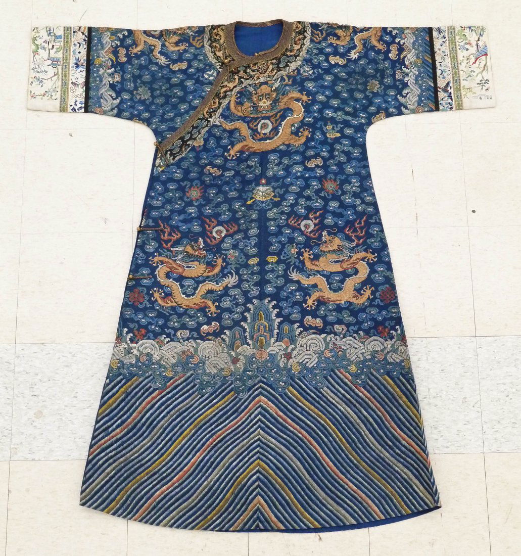Antique Chinese Imperial Court 9-Dragon Robe 56''x52''.: Antique Chinese Imperial Court 9-Dragon Robe 56''x52''. Qing Dynasty. Each dragon has five claws and there is one hidden dragon on the inside of the robe. Some edge wear and unraveling of gold thread.