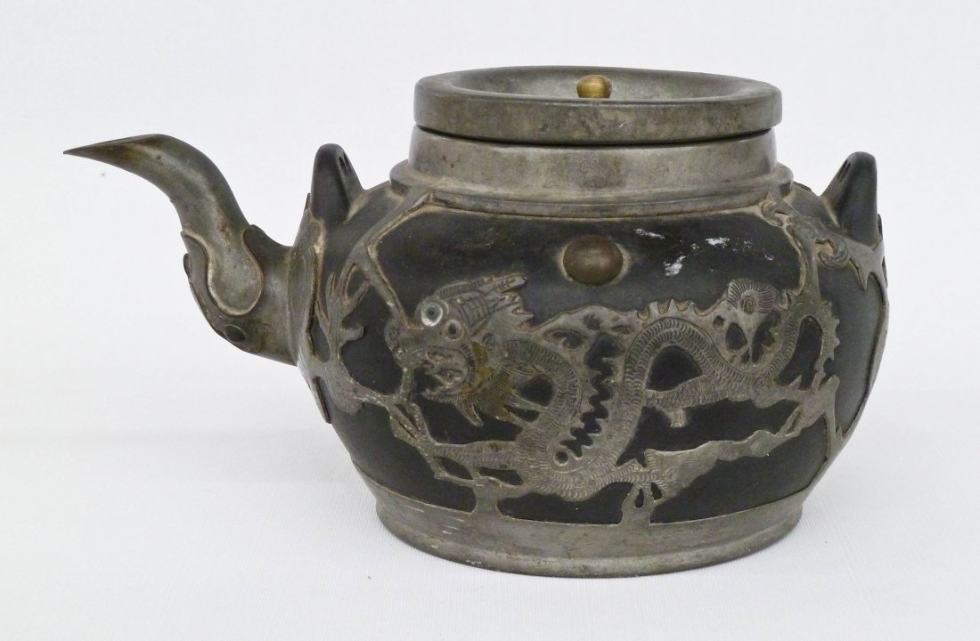 Chinese Pewter Overlay Black Yixing Clay Dragon Teapot Sep 13, 2013