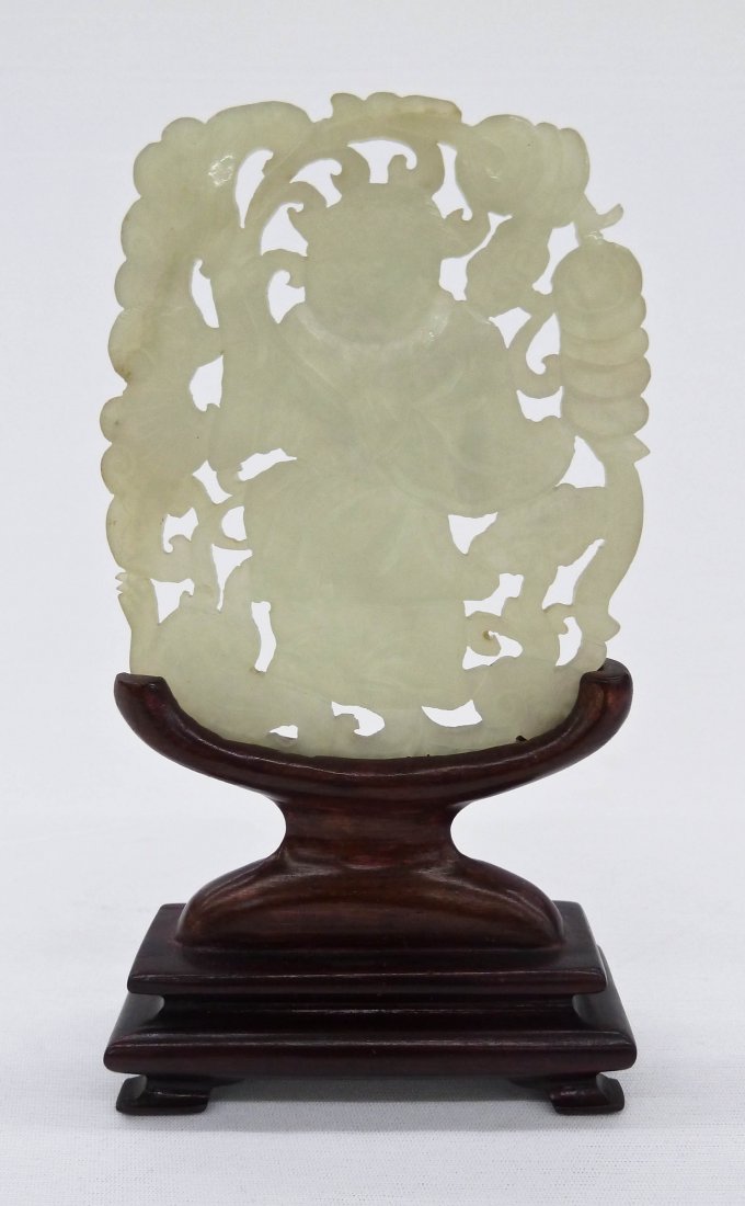 Chinese Pierced Carved Jade Large Pendant or Table: Chinese Pierced Carved Jade Large Pendant or Table Screen with Figure 5.5''x3''. Pale celadon coloring. Nephrite piece measures 3.75''x3'' by itself.