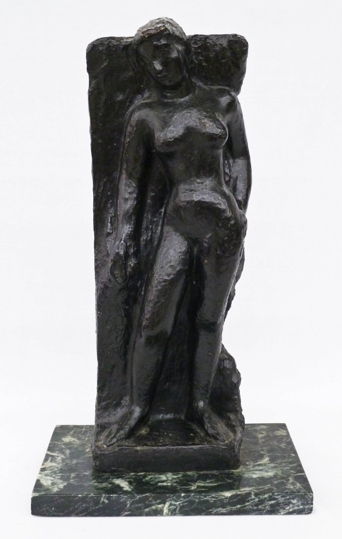 Leon Indenbaum (1892-1980 Russian Federation) Untitled: Leon Indenbaum (1892-1980 Russian Federation) Untitled Nude Modernist Bronze Sculpture 16.25''x6''x3.75''. Signed ''Indenbaum'' in script on side with ''C. VALSUANI'' impressed foundry mark on other s
