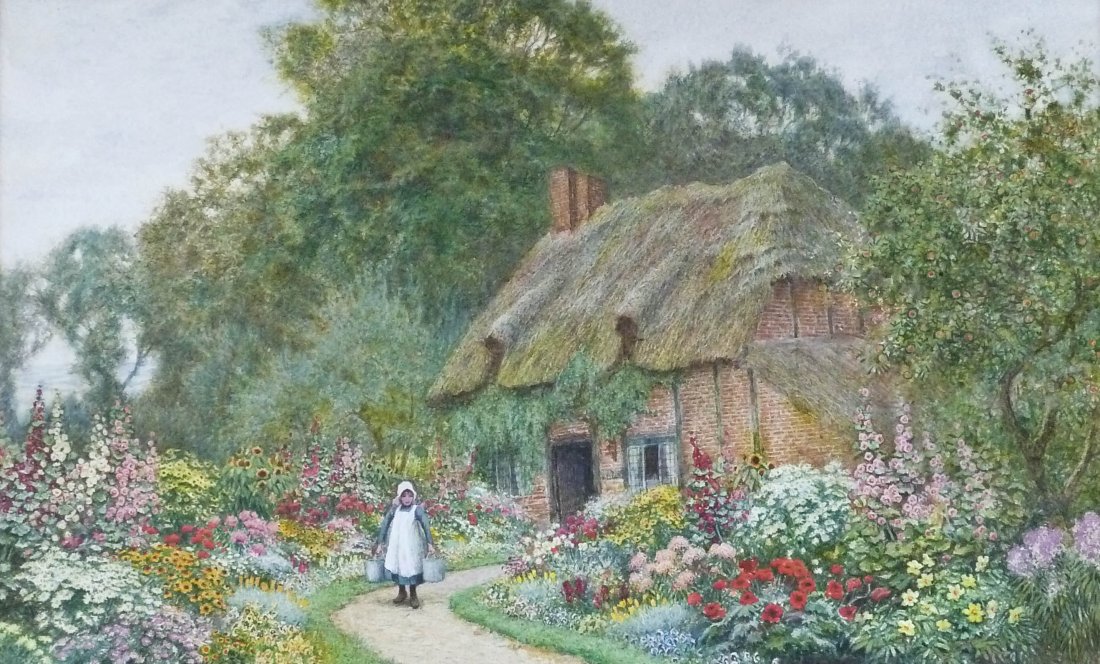 Arthur Claude Strachan (1865-1935 English) Untitled: Arthur Claude Strachan (1865-1935 English) Untitled Cottage Scene Watercolor on Paper 11.5''x18.5''. Depicts child holding buckets in garden path with many colorful blossoming flowers. Comes in origin