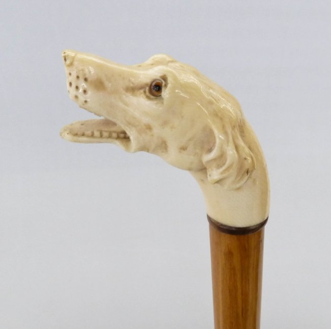 Antique Fine Carved Ivory Dog Head Walking Stick 36''. Lot 279