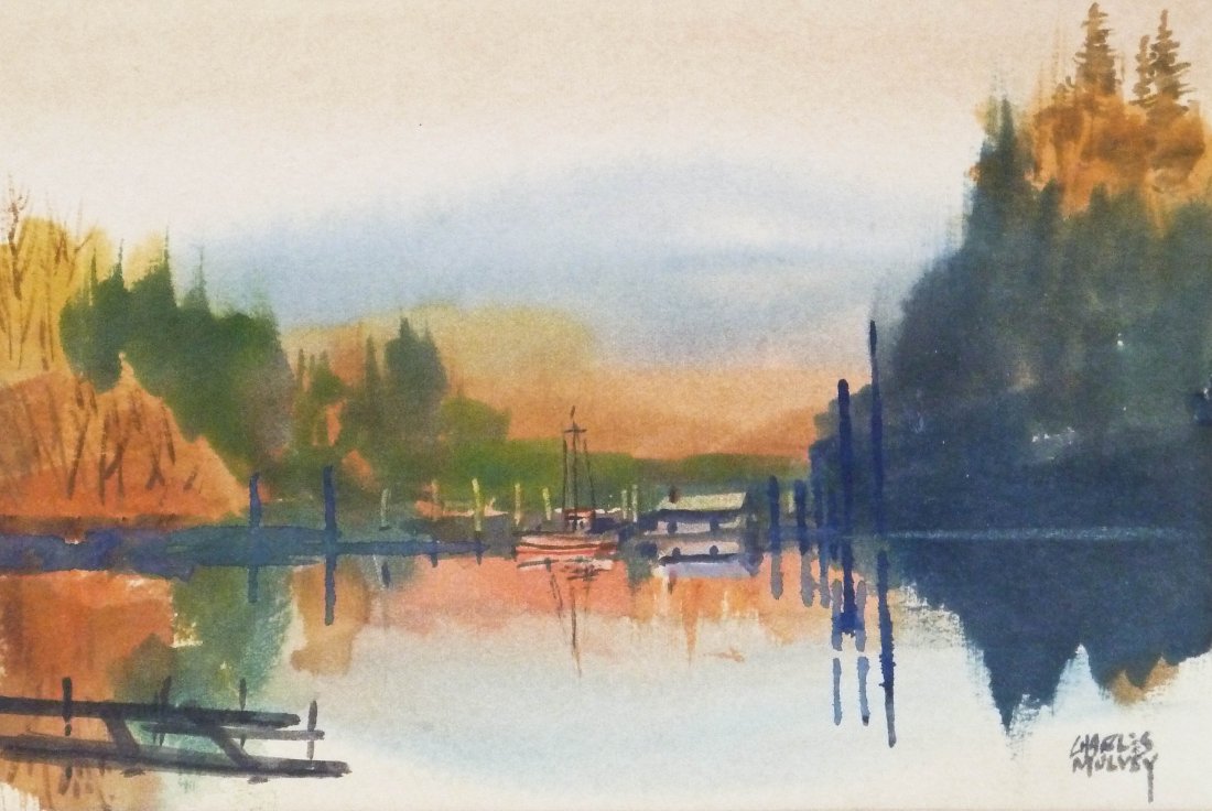 Charles Mulvey (1918-2001 Washington) ''Upriver Boat: Charles Mulvey (1918-2001 Washington) ''Upriver Boat House'' 1995 Watercolor on Paper 6.5''x9.75'' Image. Original artist label on verso.