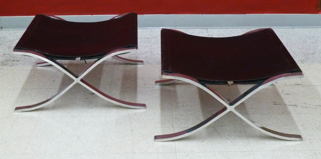 Pair Mies Van Der Rohe for Knoll Barcelona Black: Pair Mies Van Der Rohe for Knoll Barcelona Black Leather & Chrome Ottomans 12''x23''x22''. Vintage original pair with knoll paper labels. Some scratching to leather.