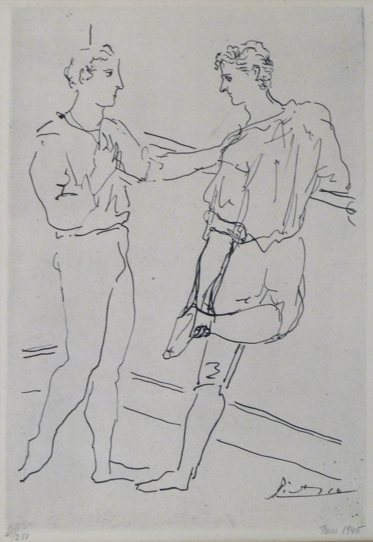 Pablo Picasso ''Ballet Serge Lifar'' Paris Opera Two: Pablo Picasso ''Ballet Serge Lifar'' Paris Opera Two Male Dancers Abstract Etching 11''x7.5'' Plate Size. Pencil signed ''Paris 1945'' and numbered 41 of 250. Cut bottom margin with title glued to bac