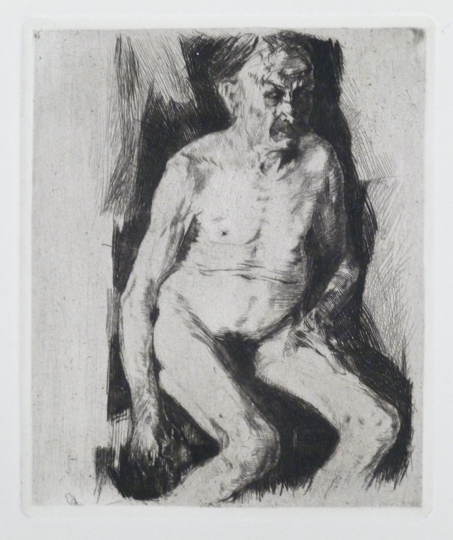 Kathe Kollwitz (1867-1945 German) Seated Male Nude: Kathe Kollwitz (1867-1945 German) Seated Male Nude Etching 6''x5''. Full margin and loose. Unsigned restrike with Van Der Becke Muenchen blind stamp lower right. No damage.