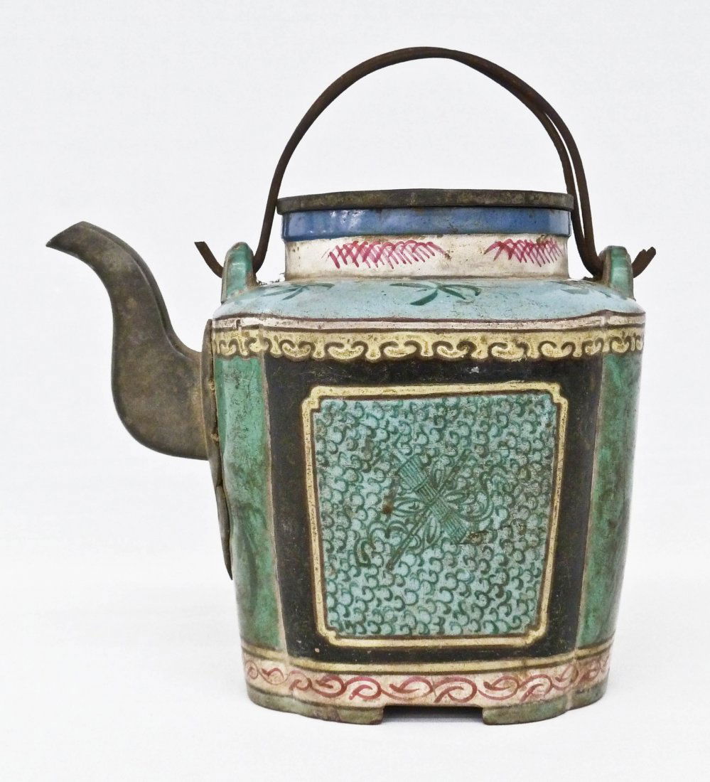 Antique Chinese Pewter & Yixing Zisha Enamel Teapot
