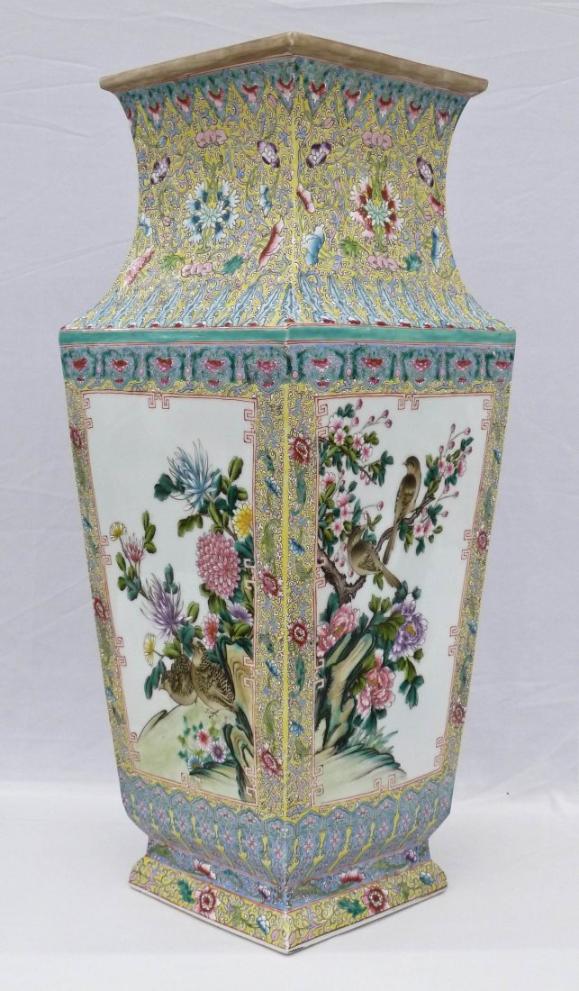 Chinese Famille Rose Large Porcelain Baluster Vase: Chinese Famille Rose Large Porcelain Baluster Vase 23''x9''. Depicts four panels of birds in landscape with blossoming flower branches. Fine multi colored enameling. Bears a six character blue undergl