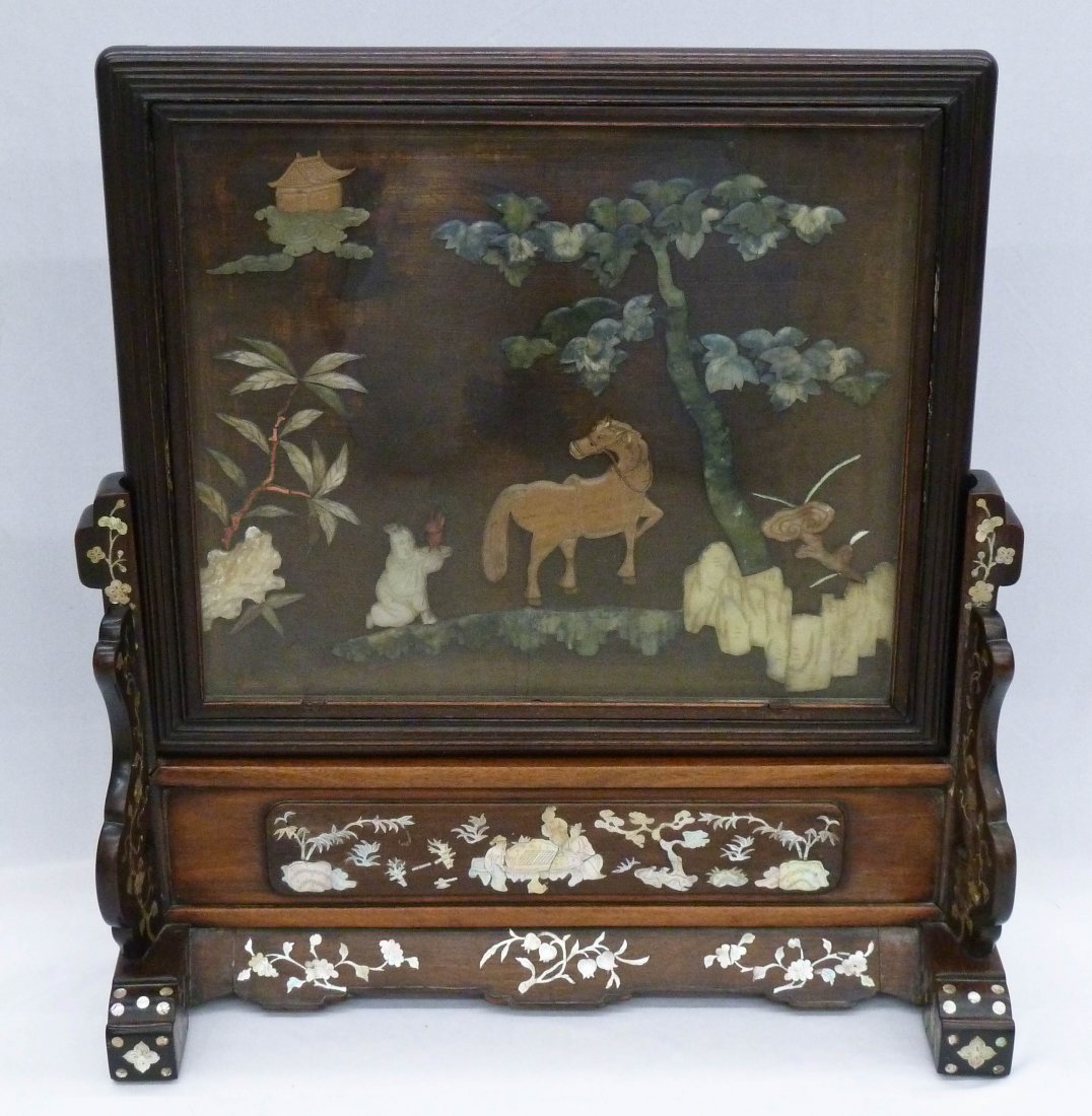 Antique Chinese Inlaid Hardstone & Mother of Pearl: Antique Chinese Inlaid Hardstone & Mother of Pearl Rosewood Table Screen 24''x22.25''x9''. Depicts a man and horse in landscape with inlaid jade, coral, jasper and serpentine. The removable panel is 1