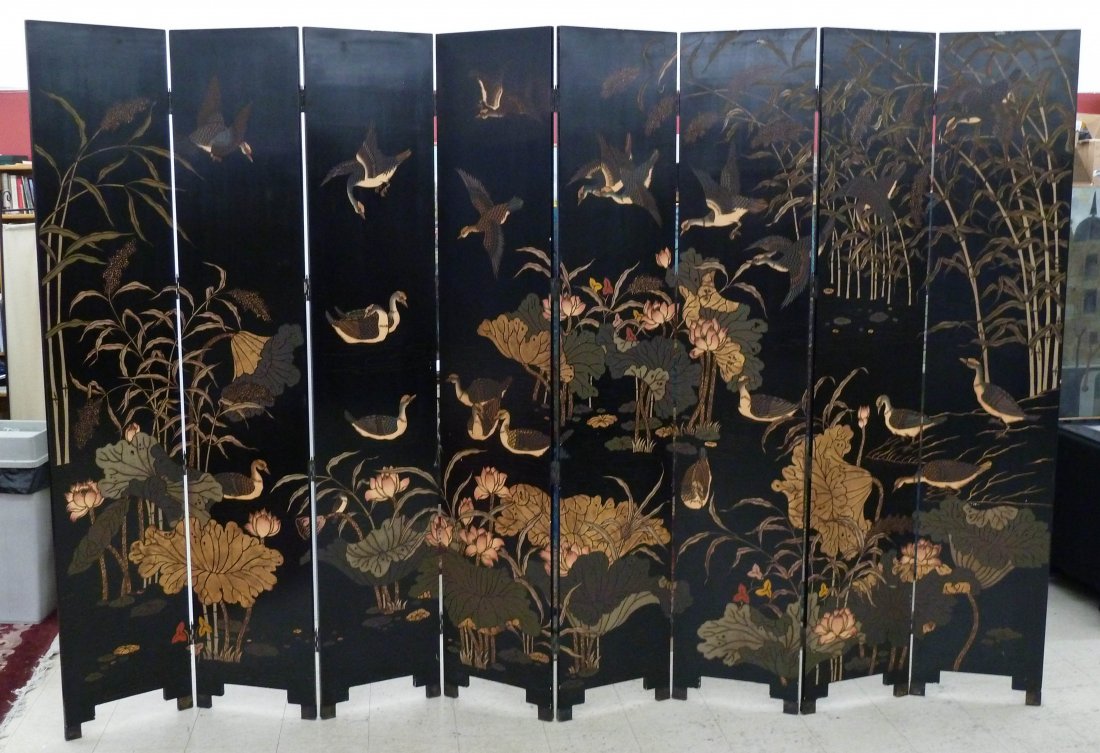 Chinese 8-Panel Coromandel Lacquered Room Dividing: Chinese 8-Panel Coromandel Lacquered Room Dividing Screen 94''x144''. Each panel is 18'' and depicts a lush lake scene with blossoming lotus flowers. Several ducks are flying overhead and resting in t