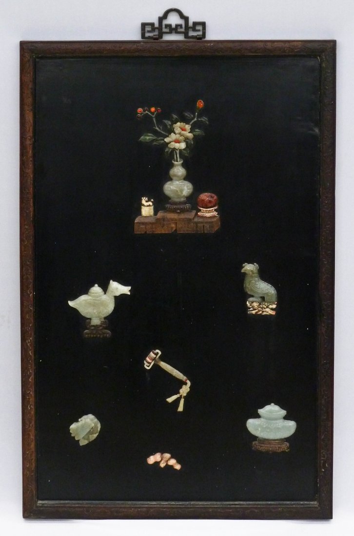 Antique Chinese Jade Inlaid Lacquer Hanging Panel: Antique Chinese Jade Inlaid Lacquer Hanging Panel 39.25''x25.25'' in Carved Rosewood Frame. Includes seven images of previous objects inlaid with jade, carnelian, ivory, and different types of wood. J
